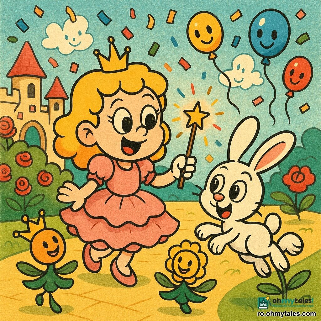 Prințesa Ella, fetiță zâmbitoare și uimită, păr blond buclat, rochie roz cu volane și coroniță mică de aur, ține o baghetă magică sclipitoare în centrul imaginii; un iepuraș curios, mic, cu urechi mari roz, sare la dreapta privindu-i bagheta; flori animate cu petale verzi și fețe zâmbitoare se învârt ca balerine; decor: grădină de palat colorată cu tufisuri de trandafiri roșii, un mare tufis rotund în spatele prințesei, alee pavată galbenă și cer albastru deschis cu nori în formă de animale; scenă principală: ploaie de confetti multicolore și baloane zâmbitoare care urcă spre cer, flori dansatoare și nori amuzați — atmosferă veselă, luminoasă și jucăușă; stil grafic: linii groase, culori saturate, texturi moi, expresii exagerate, forme rotunjite, compoziție clară centrată pe prințesă.