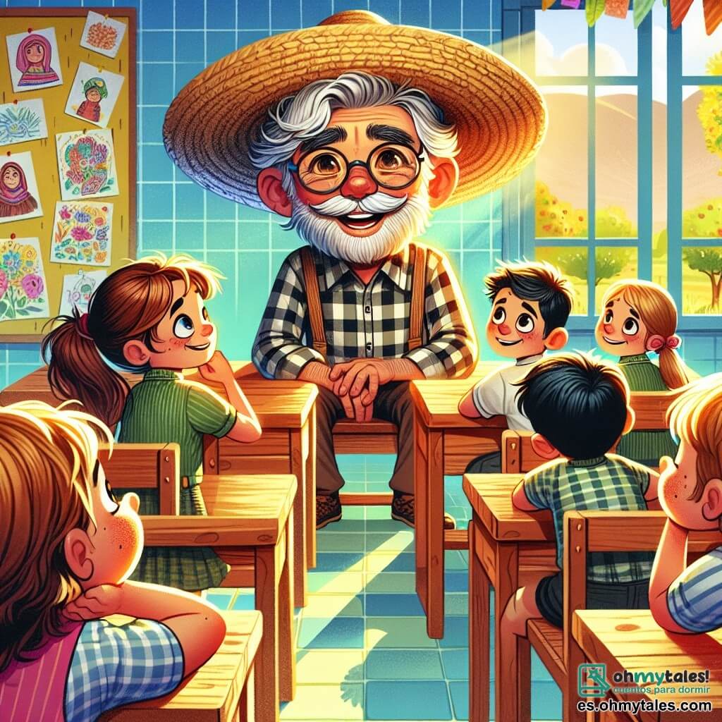Un hombre anciano, Don Manuel, se encuentra en el centro de la escena, con una sonrisa cálida y ojos brillantes de sabiduría. Lleva un sombrero de paja y una camisa a cuadros, con el cabello gris ligeramente despeinado. Está sentado en una silla, rodeado de niños atentos. A su derecha, Ana, una niña de 10 años con cabello castaño y gafas, levanta la mano con curiosidad, su rostro iluminado por la emoción. A su izquierda, Pedro, un niño de 9 años con cabello rubio y pecas, escucha con admiración, con los brazos cruzados sobre la mesa. La escena se desarrolla en un aula luminosa, con paredes decoradas con dibujos de niños y ventanas que dejan entrar la luz del sol. Los escritorios de madera están dispuestos en semicírculo alrededor de Don Manuel, creando una atmósfera cálida y acogedora. La situación principal muestra a Don Manuel compartiendo sus historias de guerra con los niños, que escuchan atentamente, cautivados por sus palabras. Los rostros de los niños expresan asombro e interés, mientras Don Manuel, con gestos expresivos, transmite lecciones de paz y camaradería.