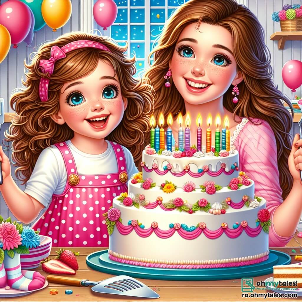 O fetiță de 4 ani, Ana, cu ochi mari și strălucitori și păr castaniu ondulat, zâmbește fericită ținând un tort mare decorat cu cremă și lumânări colorate. Poartă o rochie roz cu buline albe și șosete cu dungi. Lângă ea, mama ei, o femeie de aproximativ 30 de ani, cu păr lung și drept, zâmbește mândră ținând o spatulă, pregătită să servească tortul. Se află într-o bucătărie luminoasă, plină de culori vii, cu baloane agățate de pereți și o masă mare din lemn decorată cu flori. În centrul scenei, Ana și mama ei sărbătoresc ziua tatălui, pregătite să-l surprindă pe tata care intră în cameră, cu ochii mari de surpriză și fericire.