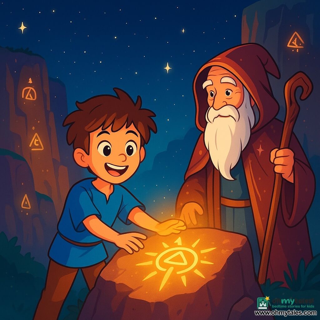 An 8-year-old boy, Leo, with messy brown hair and curious sparkling eyes, stands at the edge of a magical cliff, his face lit up by a wide smile of wonder. He wears a blue tunic and canvas pants, with his hands reaching towards a glowing symbol carved in the stone, radiating a golden light. Beside him, an old man named Orion, around 70 years old, with a long white beard and wise eyes, watches Leo with pride. He wears a shimmering robe and holds a carved wooden staff, standing slightly back, ready to guide the young boy. The setting features majestic cliffs adorned with ancient symbols shimmering under the starlight, with a night sky filled with bright stars and a soft golden glow enveloping the scene. The main focus shows Leo tracing the luminous symbol on the stone, his face beaming with determination and excitement, while Orion encourages him, creating an atmosphere of magic and adventure.