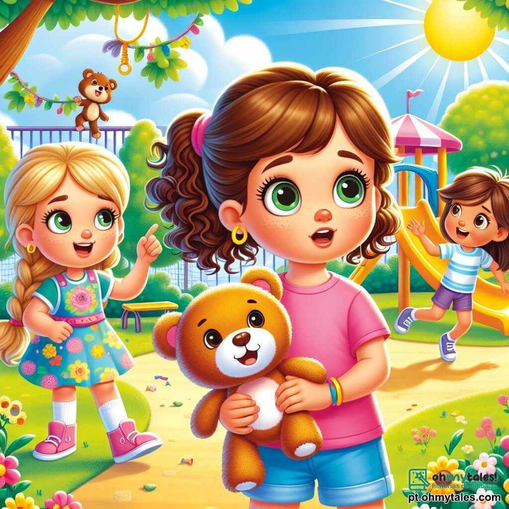 Três meninas, Ana, Bia e Clara, estão reunidas em um parque ensolarado. Ana, uma menina de 8 anos com cabelos cacheados castanhos e uma camiseta rosa, olha ao redor com os olhos arregalados, preocupada por não encontrar seu ursinho de pelúcia. Ao lado dela, Bia, também de 8 anos, tem cabelos loiros trançados e usa um vestido florido; ela sorri entusiasmada, pronta para ajudar a amiga. Clara, a mais velha do grupo com 9 anos, tem cabelos castanhos e usa uma camiseta azul e um short; ela está em pé em um galho de árvore, apontando para o céu com um olhar determinado. O parque está cheio de flores vibrantes, grandes árvores verdes e um céu azul com nuvens fofas. Ao longe, um escorregador colorido brilha ao sol, e crianças riem enquanto brincam. As três amigas estão em busca do ursinho de pelúcia de Ana e tiveram a ideia de criar pistas para uma divertida caça ao tesouro. Elas estão cercadas por brinquedos animados, como um pato que dança e uma abelha que voa, adicionando um toque de magia e alegria à sua aventura.