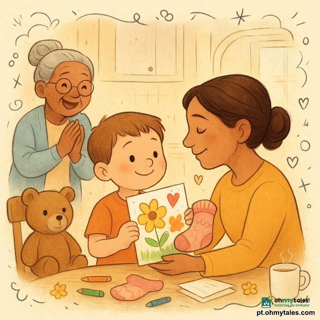 Menino de 4 anos, rosto redondo, cabelos castanhos curtos e bochechas rosadas, tímido e orgulhoso, estende um desenho colorido e uma pequena “meia‑almofada”; a mãe (30–35 anos), cabelo castanho preso em coque, sorriso suave, ajoelhada, recebe o presente surpresa e beija o filho; a avó (≈65 anos), cabelo grisalho em coque e óculos redondos, ri e aplaude na porta da cozinha; um ursinho de pelúcia claro numa cadeira; cozinha acolhedora e ensolarada com mesa de madeira clara, lápis de cor espalhados, caneca de leite quente, papéis e meia na mesa; cena do Dia das Mães, atmosfera suave, cores quentes, flores de papel e rabiscos de corações e estrelas.