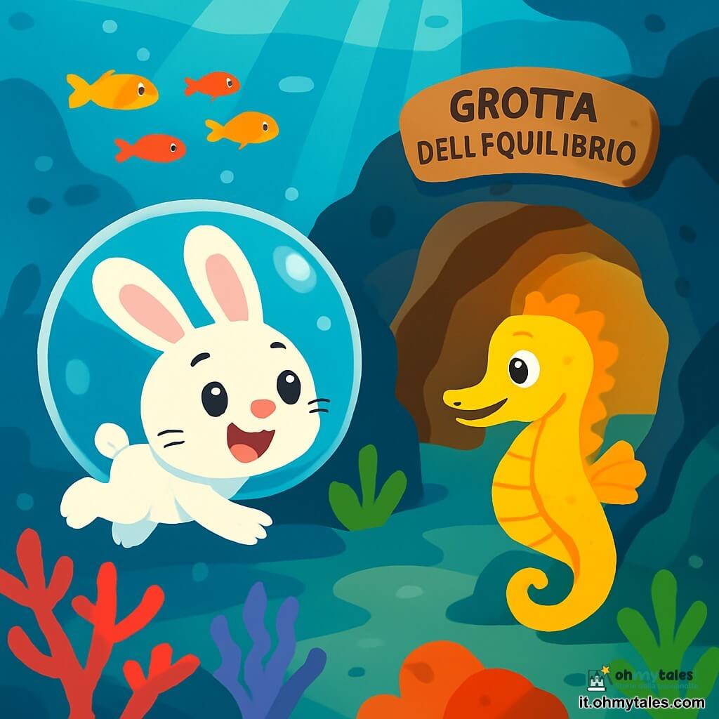 Un piccolo coniglio bianco con grandi orecchie, di nome Bibo, nuota gioiosamente in una bolla d'aria, con un sorriso meravigliato sul viso. I suoi occhi brillano di curiosità ed eccitazione mentre esplora il mondo sottomarino. Vicino a lui, un cavalluccio marino giallo vivo, con squame scintillanti, fluttua pacificamente, mostrando un'espressione amichevole e incoraggiante. Guida Bibo verso una grotta misteriosa. Il fondale marino è pieno di coralli colorati, pesci multicolori che nuotano in gruppo, e raggi di luce che filtrano attraverso l'acqua chiara, creando un'atmosfera magica e accogliente. La scena principale mostra Bibo e il cavalluccio marino che si dirigono verso l'ingresso della Grotta dell’Equilibrio, dove una luce dolce e calda brilla, promettendo avventure e scoperte sotto le onde.