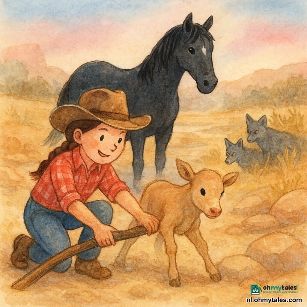 Een jonge cowgirl met een rond, vrolijk gezicht en bruin gevlochten haar onder een versleten hoed, gehurkt in het zand met een grote tak als hefboom, stoffige handen en een rood geruit shirt; een zwarte paard (Peper) met een kleine witte vlek op de neus staat alert achter haar, adem zichtbaar; een beige kalfje met dunne, stoffige pootjes net bevrijd tussen twee stenen strompelt richting het paard; twee magere coyotes in de struiken rechts, lage silhouetten met grijze vachten en gele ogen, aarzelend; decor: uitgedroogde rivier met grote beige-oker rotsen, droge gele graslanden en een ruime, lichtgevende lucht in aquarelroze en lichtblauw met stof in het licht; hoofdactie: dynamische reddingsscène — het meisje gebruikt de tak als hefboom om het pootje van het kalf vrij te krijgen terwijl het paard beschermt en de coyotes terugwijken, compositie met close-ups en diagonalen voor beweging en gespannen vastberadenheid.
