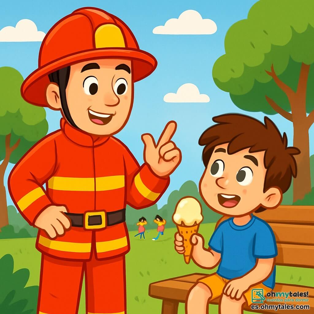 Un hombre bombero, llamado Carlos, está de pie con una gran sonrisa cálida en el rostro, vistiendo un uniforme rojo brillante y un casco reluciente. Sus ojos brillan de entusiasmo mientras explica su trabajo a un niño. El niño, Miguel, de unos nueve años, tiene el cabello castaño desordenado y lleva una camiseta azul con un pantalón corto amarillo. Está sentado en un banco de madera, con los ojos abiertos de admiración, escuchando atentamente a Carlos mientras sostiene un cono de helado derritiéndose en su mano. La escena tiene lugar en un parque verde, con grandes árboles frondosos y un cielo azul claro salpicado de algunas nubes blancas. Niños juegan al fútbol a lo lejos, añadiendo una atmósfera alegre al entorno. Carlos, con pasión, cuenta historias de su trabajo como bombero, mientras Miguel, cautivado, sueña con convertirse en un héroe como él.