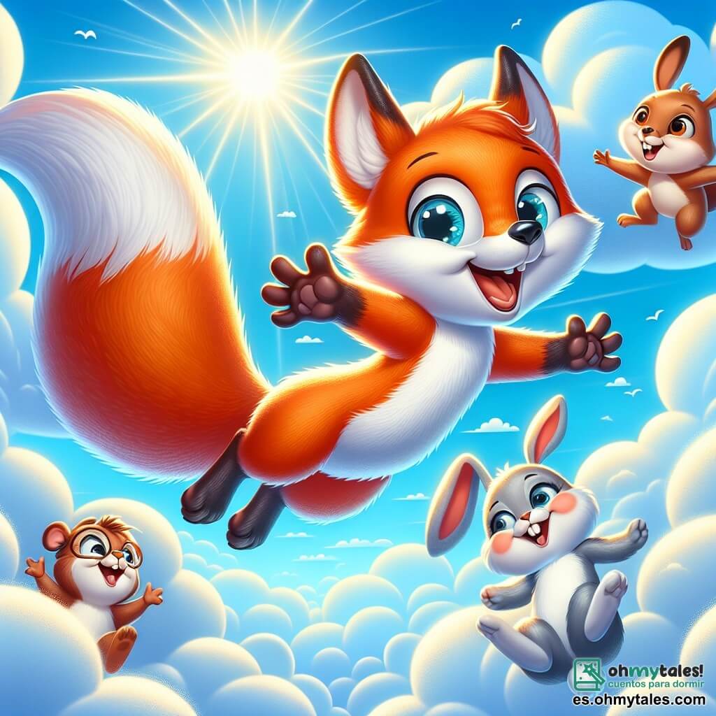 Un zorro de pelaje naranja brillante y ojos llenos de curiosidad flota alegremente en el aire, con una gran sonrisa en su rostro, rodeado de nubes esponjosas y blancas. Cerca, una pequeña ardilla de ojos brillantes y pelaje marrón, suspendida en el aire con una expresión de asombro, agita sus patas delanteras riendo. Un conejo de grandes orejas blancas, con los ojos muy abiertos de sorpresa, realiza una pirueta alegre justo debajo del zorro, con un aire travieso. La escena transcurre en un cielo azul brillante, salpicado de nubes algodonosas, donde se ven rayos de sol atravesando, iluminando al grupo de amigos en pleno vuelo. La situación principal muestra al zorro y sus amigos disfrutando de una aventura mágica, flotando juntos en el aire, riendo y divirtiéndose, después de descubrir una zanahoria gigante que les dio el poder de volar.