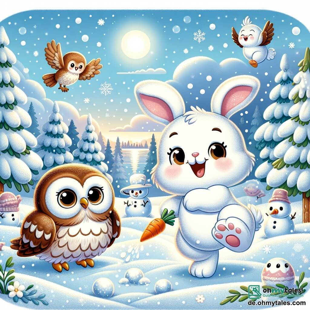 Ein kleiner, niedlicher Hase mit großen Ohren, bedeckt mit weichem, weißem Fell, hüpft fröhlich im funkelnden Schnee und lächelt breit. Neben ihm beobachtet eine Eule mit braun-weißen Federn und großen, neugierigen Augen amüsiert, während sie mit Freude hootet und eine Karotte in ihren Krallen hält. Die Szene spielt in einer märchenhaften Winterlandschaft mit majestätischen, schneebedeckten Bäumen, sanft fallenden Schneeflocken vom hellblauen Himmel und einer strahlenden Sonne, die die Szenerie erhellt. Im Mittelpunkt bauen der Hase und die Eule einen Schneemann, umgeben von Schneebällen, lachen und haben Spaß in dieser magischen Winteratmosphäre.