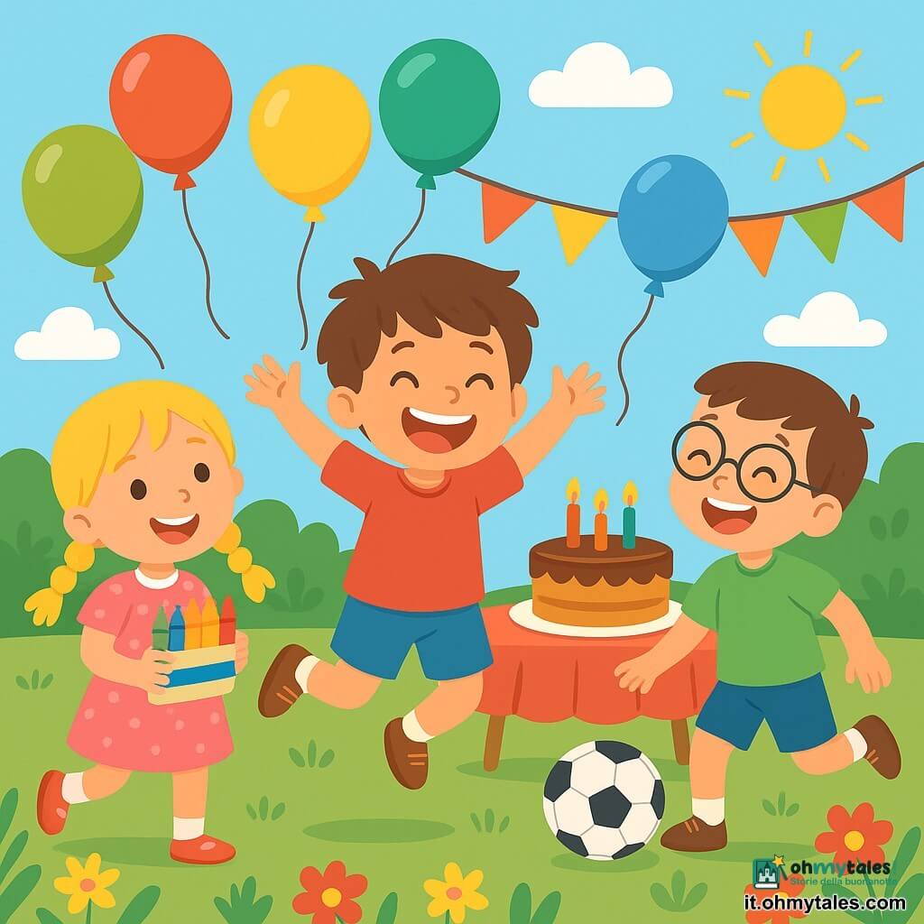 Un ragazzo di 4 anni, Luca, con i capelli castani disordinati e un grande sorriso, indossa una maglietta rossa e pantaloni blu. Salta di gioia nel giardino, circondato da palloncini colorati che fluttuano nell'aria. Accanto a lui, una ragazza di 4 anni, Sara, con i capelli biondi intrecciati e un vestito rosa a pois, tiene una scatola di pastelli colorati, pronta a disegnare. Un altro ragazzo di 4 anni, Marco, con occhiali e una maglietta verde, sta lanciando un pallone da calcio, ridendo con entusiasmo. Il giardino è pieno di fiori vivaci, festoni di carta e un grande tavolo decorato con una torta al cioccolato ornata di candele colorate. La scena mostra Luca e i suoi amici che si divertono insieme, giocando e ridendo, mentre festeggiano il suo compleanno sotto un cielo azzurro e soleggiato.