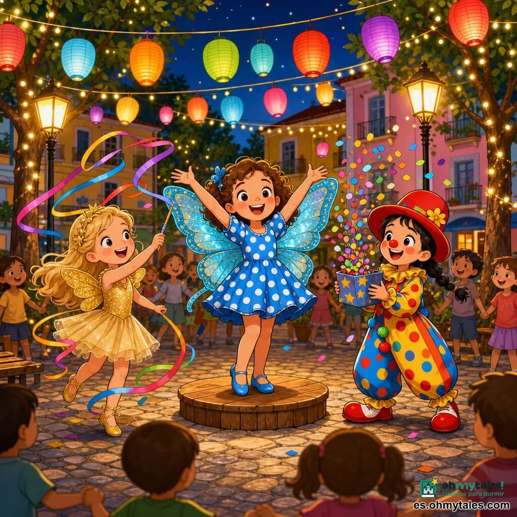 Tres niñas de 5 años: Martina, cabello castaño rizado, con alas de mariposa azul claro brillantes y vestido corto de lunares blancos, en el centro sobre una tarima de madera con los brazos alzados y una sonrisa radiante; a la izquierda Luna, cabello largo rubio, traje de hada dorado con falda de tul, lanzando cintas coloridas que revolotean; a la derecha Sofía, cabello negro liso en coletas, disfraz de payasa con gran sombrero rojo y nariz pintada, sosteniendo una caja imaginaria de la que cae confeti. Escena en una plaza de barrio al crepúsculo con adoquines redondeados, bancos de madera, árboles con guirnaldas y 20–30 farolillos de papel colgados en hileras, casas coloridas de fondo y faroles antiguos que emiten luz dorada. Las tres forman una ronda alegre bajo los farolillos encendidos; se ven siluetas de niños tomados de la mano alrededor, colores vivos y contrastados, confeti multicolor suspendido, movimientos fluidos de cintas y alas y expresiones de placer y asombro.