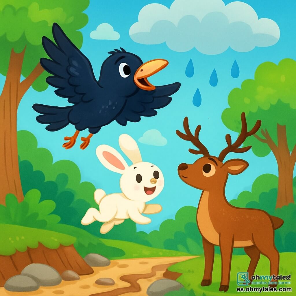 Un cuervo llamado Cori, con plumas negras brillantes y ojos chispeantes, vuela alto en el cielo, luciendo decidido y alegre. A su lado, un pequeño conejo de grandes orejas blancas y ojos curiosos salta con entusiasmo, listo para ayudar a su amigo. Un elegante ciervo, con majestuosos cuernos, se encuentra en el suelo, mirando al cielo con una expresión de esperanza. El escenario es un hermoso bosque verde, con grandes árboles de troncos robustos y hojas de un verde brillante, mientras un arroyo seco se extiende por el suelo, revelando piedras y raíces. La situación principal muestra a Cori que, junto a sus amigos, llama a las nubes para que lluevan y llenen el arroyo de agua, creando una escena llena de vida y amistad.