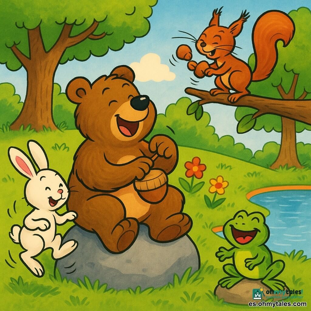 Un gran oso pardo llamado Bruno, sonriente, sentado en una roca y tocando una nuez como tambor; una ardilla rojiza en una rama golpeando avellanas; un conejo blanco saltando a la izquierda; una rana verde en una piedra junto a un lago azul; todos formando un círculo musical que ríe y baila en una clara soleada con árboles, flores coloridas y hierba, colores vivos, contornos suaves y ambiente alegre y dinámico.