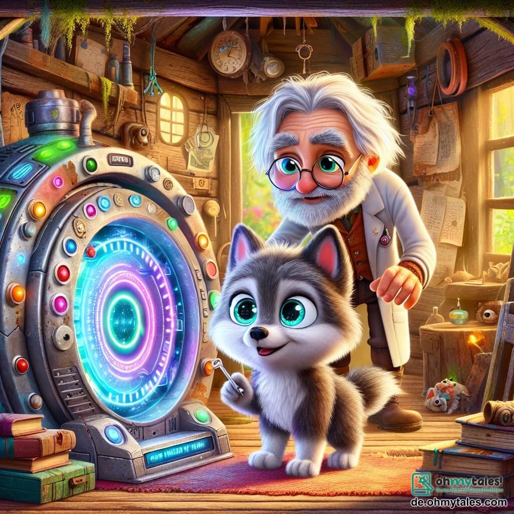Lenny, ein kleiner Wolf mit grauem Fell und neugierigen Augen, steht in der Mitte der Szene, voller Staunen und Entschlossenheit, vor einer großen, glänzenden und futuristischen Zeitmaschine, die mit bunten Knöpfen und blinkenden Lichtern geschmückt ist. An seiner rechten Seite lächelt ein alter Wissenschaftler mit wirrem, weißen Haar und einem langen Bart, der runde Brillen trägt, freundlich und hält einen kleinen silbernen Schlüssel, um Lenny zu zeigen, wie man die Maschine benutzt. Die Szene spielt in einer rustikalen Holzhütte, die mit alten Büchern und seltsamen Gegenständen gefüllt ist, mit moosbedeckten Wänden und staubigen Fenstern, durch die das goldene Sonnenlicht strömt. Im Hintergrund sieht man einen wilden Garten, in dem bunte Blumen im leichten Wind tanzen. Lenny, voller Aufregung, ist bereit, die Maschine zu aktivieren, um auf Zeitreise zu gehen, während der Wissenschaftler ihn mit einem verschwörerischen Lächeln ermutigt und bereit ist, ihn auf diesem außergewöhnlichen Abenteuer zu begleiten.