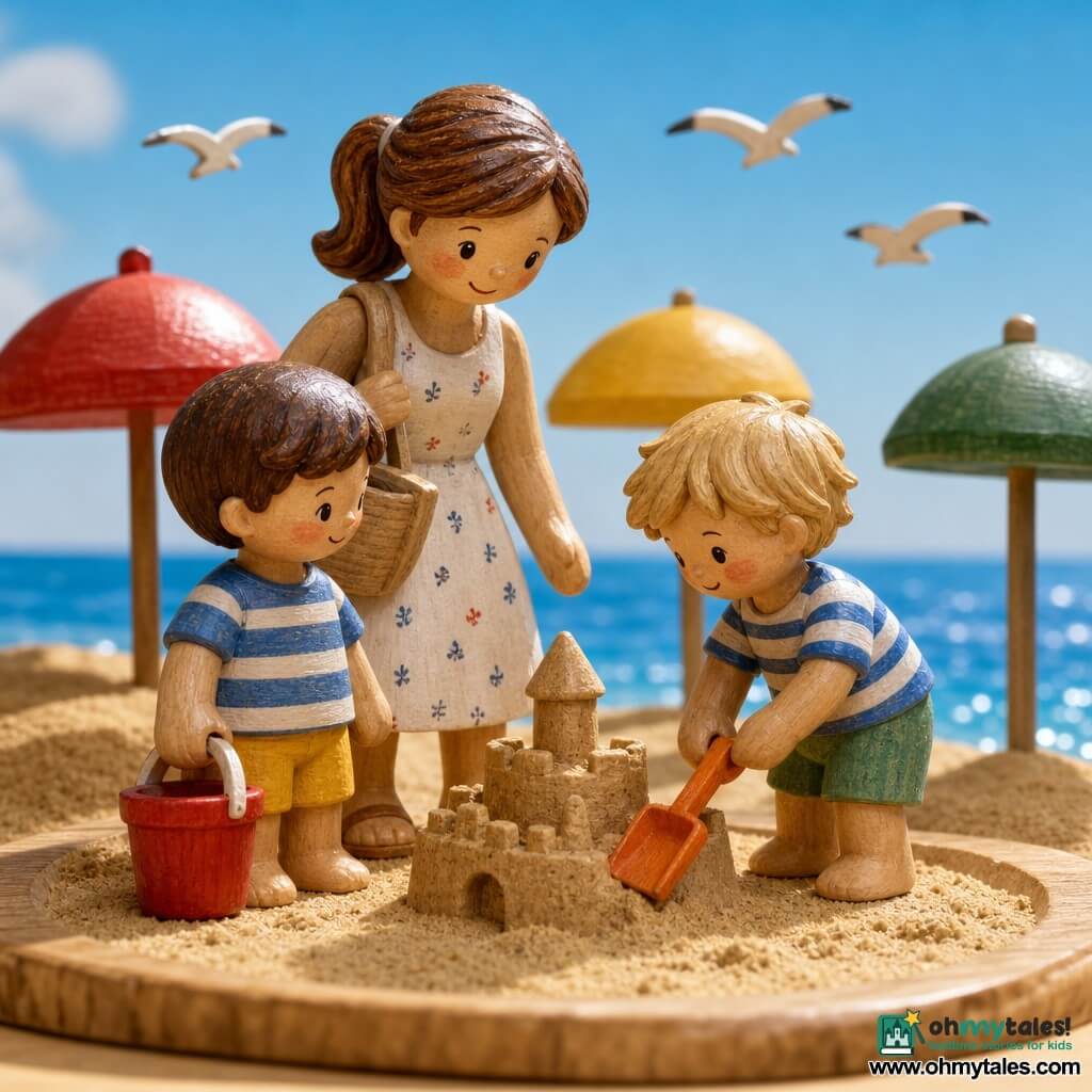 Three characters: Leo, a 4-year-old boy with short brown hair, round face and rosy cheeks, wearing an oversized blue-and-white striped shirt and yellow shorts, holding a red bucket at the left edge; Sam, a 4-year-old boy with tousled blond hair and green eyes, wearing a blue-and-white striped shirt and green shorts, holding an orange shovel to Leo's right and leaning toward a small sandcastle; Leo's mother, 30, with chestnut hair in a ponytail and a white-patterned summer dress, smiling behind them with a beige beach bag. Sunny beach with textured golden sand, small dunes, colorful umbrellas (red, yellow, green), calm blue sea with shimmering ripples, a few stylized seagulls, and wooden beach accessories. Main scene: the two boys march side by side in striped shirts, smiling—one with a bucket, the other with a shovel—while their mother watches proudly; joyful, bright colors, centered composition in a wooden toy diorama style with soft light and delicate shadows.