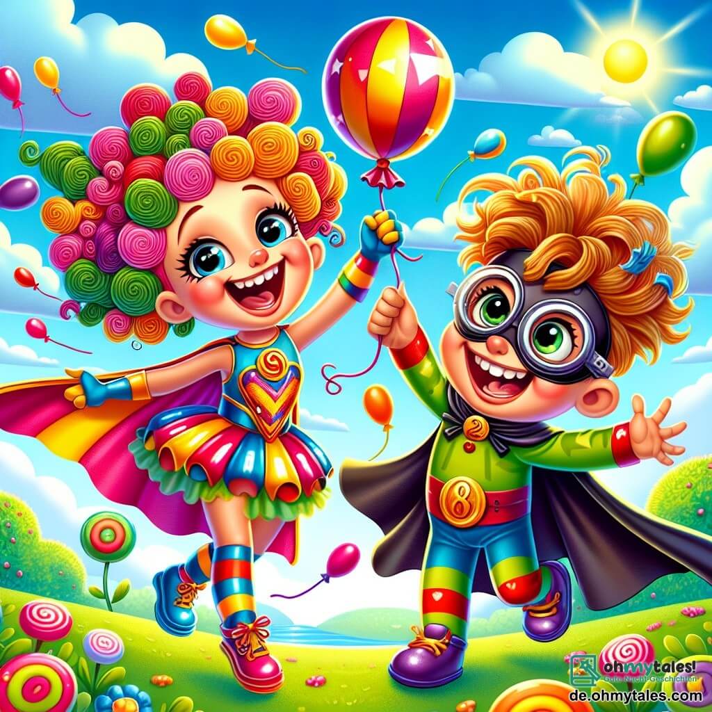 Lili, eine fröhliche Superheldin, hat lockige, bunte Haare, ein glänzendes Kostüm in lebhaften Farben und einen wehenden Umhang. Sie lacht laut, hält einen kleinen Ballon in den Händen und ihre Augen funkeln vor Schalk. Hugo, ein etwa 8-jähriger kleiner Bösewicht mit einem lustigen Gesicht, trägt runde Brille und einen zu großen Hut, der ihm ins Gesicht fällt. Er fällt mit ausgebreiteten Armen und einem schelmischen Lächeln direkt neben Lili. Die Szene spielt in einem sonnigen Park mit grünen Bäumen und bunten Blumen, unter einem strahlend blauen Himmel mit zuckergussartigen Wolken. Lili und Hugo spielen zusammen mit dem Mini-Ballon, lachen und haben Spaß, während der Ballon in die Luft fliegt und eine Atmosphäre von Freude und Freundschaft schafft.
