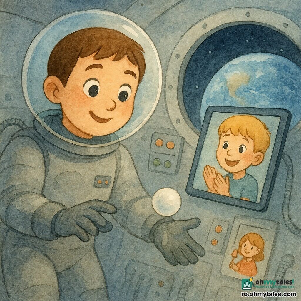 Un astronaut zâmbitor cu față rotundă, ochi mari și curioși, păr scurt șaten sub un casca transparentă, plutind în capsulă în costum gri și întinzând mâna spre o mică bilă din spumă albă care se învârte lent; pe o tabletă plutitoare apare un băiat de circa 8 ani, blond, entuziast, care ascultă și aplaudă, tableta e lângă panoul de comandă; pe perete e un abțibild colorat cu o fetiță de circa 6 ani care zâmbește și ține un drapel mic; interiorul capsulei are pereți curbați din metal periat, panouri cu butoane portocalii și verzi iluminate, cabluri și chingi vizibile, un hublou mare rond arată Pământul albastru și alb; scenă: demonstrație blândă de microgravitație — bila din spumă plutește, o picătură de apă translucidă în formă de bulă aderă la un deget mănușat, gesturi calme și precise, atmosferă caldă, sigură și plină de uimire; culori: tonuri pastelate acuarelă — albastru deschis, gri cald, accente portocalii și verzi; unghi: prim-plan ușor din plasă pentru a cuprinde bula de apă, fața astronautului și hubloul cu Pământul; stil: ilustrație în acuarelă, contururi moi, texturi granulare, linii simple și expresive potrivite copiilor.