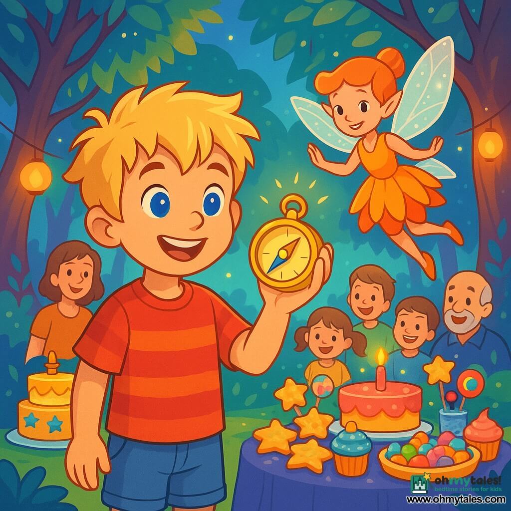 An 8-year-old boy, Oliver, with messy blonde hair and bright blue eyes, smiles in wonder while holding a shiny compass in his hand. He wears a red striped t-shirt and denim shorts, standing in the middle of an enchanted glade. Beside him is a fairy named Lumielle, with sparkling wings and a dress made of flower petals, smiling kindly as she floats slightly above the ground. In the background, majestic trees with iridescent leaves surround the scene, while twinkling lanterns illuminate the glade. The main focus shows Oliver discovering a magical birthday feast, with star-shaped cakes and colorful treats, surrounded by his friends and family, all laughing and celebrating joyfully.