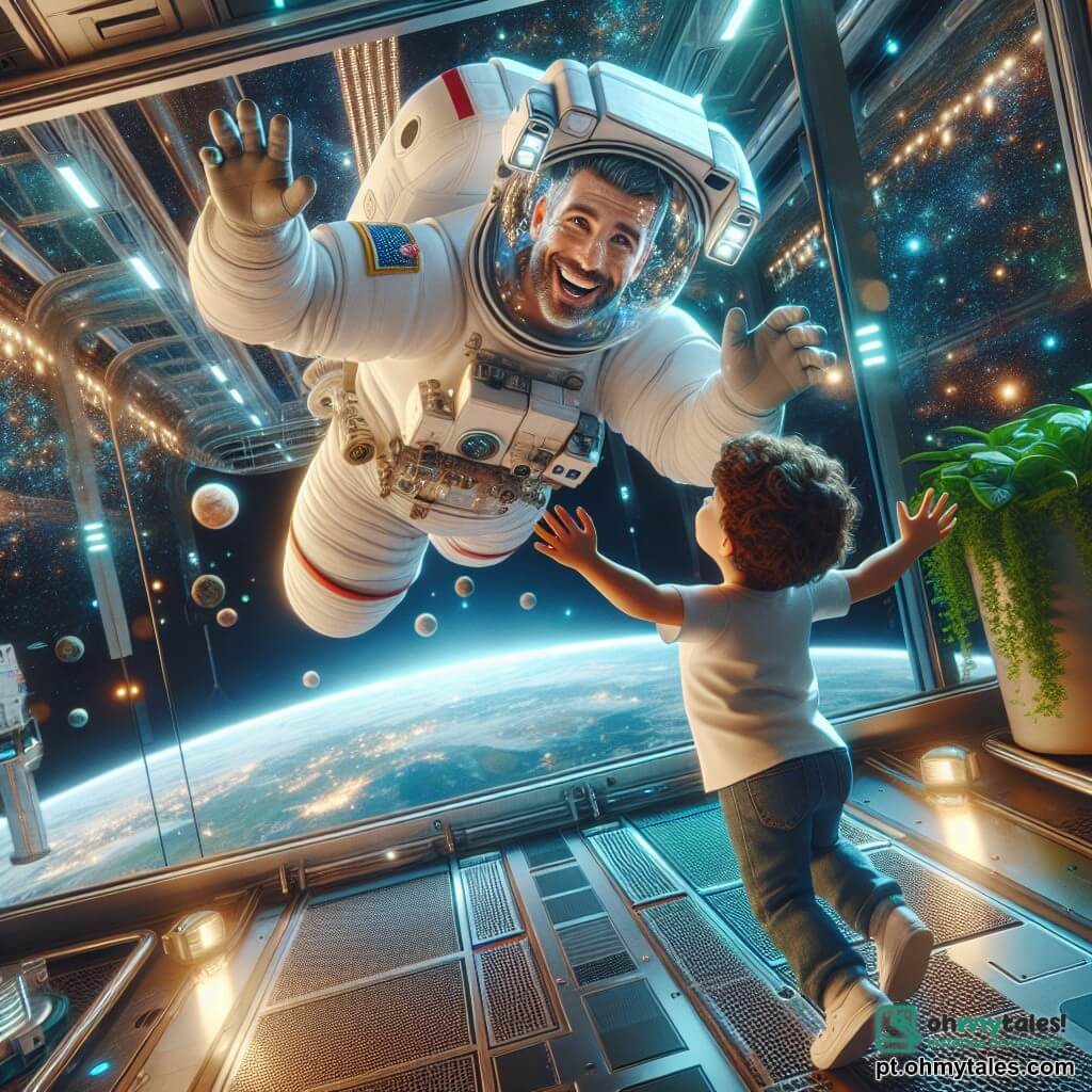 Um astronauta chamado Pedro flutua alegremente em uma estação espacial. Ele usa um traje espacial branco brilhante, com um capacete transparente que revela seu grande sorriso. Seus olhos brilham de excitação enquanto ele olha através de uma grande janela. Ao seu lado, um menino de 6 anos, Lucas, com cabelos castanhos e cacheados, observa maravilhado a Terra azul abaixo. Ele está de pé em um chão metálico, com as mãos apoiadas no vidro, os olhos arregalados de curiosidade. A estação espacial está cheia de luzes cintilantes e telas coloridas que exibem imagens de planetas e estrelas. Plantas verdes flutuam suavemente no ar, adicionando um toque de natureza a esse cenário futurista. Pedro e Lucas compartilham um momento mágico, flutuando juntos no espaço, cercados pela imensidão estrelada, rindo e se maravilhando com as belezas do universo.