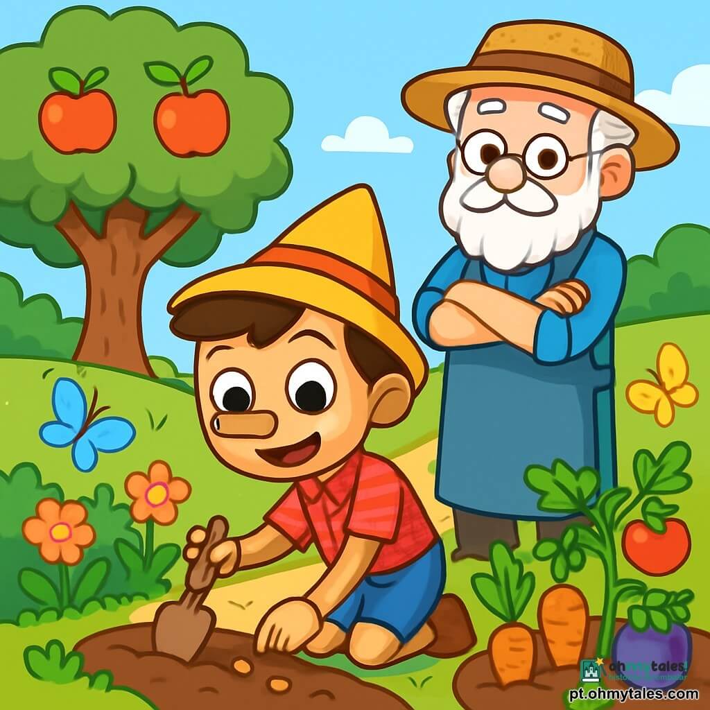 Pinocchio, um menino de madeira com olhos redondos e brilhantes como botões, sorri com entusiasmo. Sua pele de madeira é lisa e polida, e ele veste uma camisa vermelha xadrez e um chapéu pontudo. Ele está agachado, segurando uma pequena pá de madeira, plantando sementes em um jardim vibrante de cores. Ao lado dele, Geppetto, um homem idoso de cerca de 70 anos, com uma longa barba branca e óculos redondos, observa com orgulho. Ele usa um avental de trabalho de lona e um chapéu de palha, de pé com os braços cruzados, admirando o trabalho do filho. O jardim é um lugar encantador, cheio de flores brilhantes, legumes coloridos e uma velha macieira majestosa. Borboletas dançam ao redor das plantas, e um pequeno caminho de terra serpenteia pelos canteiros. A cena principal mostra Pinocchio e Geppetto trabalhando juntos para revitalizar o jardim, uma imagem cheia de alegria e cooperação, onde o amor e a amizade brilham através dos gestos simples de jardinagem.