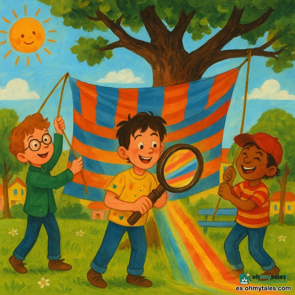 Hay tres niños: Julián, ~10 años, pelo castaño despeinado, camiseta amarilla manchada de pintura, en el centro sosteniendo una gran lupa pegajosa con mermelada brillante que proyecta rayas de colores hacia el cielo; Tomás, ~10 años, pelirrojo, gafas redondas y chaqueta verde, a la izquierda equilibrado sobre las puntas de los pies mientras cuelga una enorme sábana rayada azul y naranja; Nico, ~10 años, piel morena, gorra roja y camiseta de rayas, a la derecha tirando de la cuerda para tensar las sábanas pintadas y riendo, algo enredado en la cuerda. Están en un parque soleado junto a un viejo olmo, césped con margaritas, un banco azul y casas coloridas de fondo. Los tres cuelgan grandes sábanas rayadas entre las ramas; la lupa con mermelada proyecta bandas de luz multicolor que bailan en el aire y el suelo, con ambiente fantasioso y gestos exagerados, colores saturados y texturas de gouache visibles.