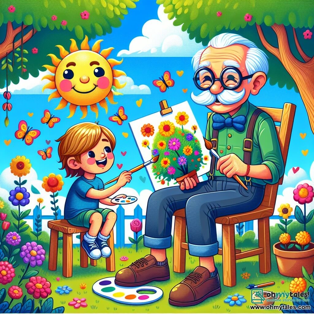 An elderly man, Mr. Oliver, with a large white mustache and round glasses, is sitting on a wooden chair in his garden. He has a warm smile and sparkling eyes, holding a brush in one hand and a palette of bright colors in the other, painting a picture of colorful flowers. Next to him, a 7-year-old girl, Emily, with long brown hair and a yellow polka dot dress, is painting a large smiling sun on a canvas. She looks enthusiastic, her eyes shining with creativity, leaning in concentration on her work. Nearby, an 8-year-old boy, Jack, with messy blonde hair and a blue t-shirt, paints a green tree with red apples. He proudly shows his painting to Mr. Oliver, who encourages him with an admiring look. The garden is filled with vibrant flowers of all colors, with butterflies fluttering around and a clear blue sky in the background. Majestic trees line the garden, creating a peaceful and joyful atmosphere. The main scene shows Mr. Oliver and the two children creating together, sharing laughter and joy, surrounded by the beauty of nature and the magic of art.