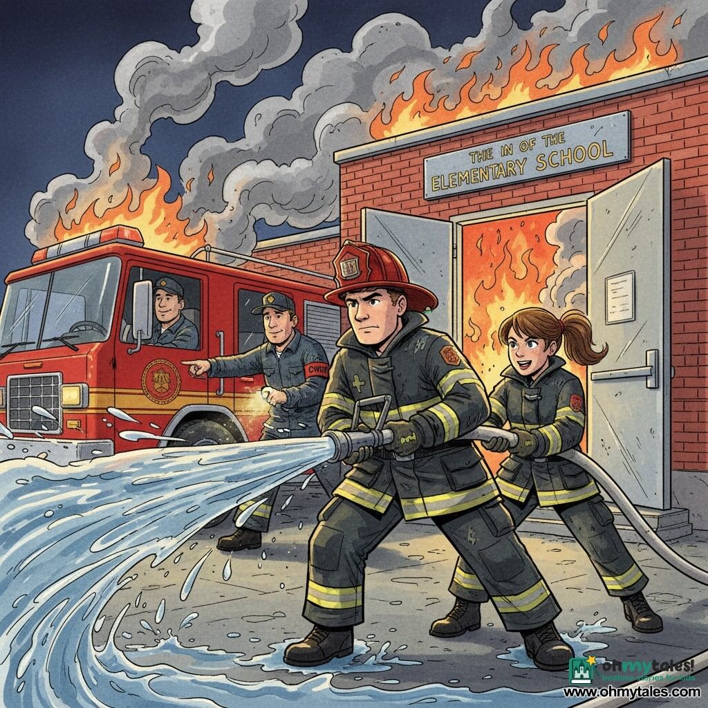 A small nighttime firefighting scene: Jake, in his twenties with a square face and short brown hair, helmet tilted, concentrated, holds a fire hose spraying a powerful silver jet at flames; Sam, about 25 with a tan and calm smile, wearing a driver’s cap, sits at the wheel of a red fire truck parked in the background, one hand on the wheel and the other pointing toward the scene, slightly left and behind Jake; Mia, about 24 with a ponytail and energetic expression, to Jake’s right helps steady the hose, wet gloves and soot-stained jacket, legs braced against the water pressure; Chief Kelly, in his forties with a serious friendly face and chief’s armband, stands near the school gym entrance a few steps behind the team, giving instructions with a raised flashlight. The setting is the red-brick façade of an elementary school with metal gym doors ajar, yellow floodlights, gray smoke rising into the night and orange-red flames near the roof. Style: colored ink with clean lines and visible textures, warm child-friendly palette of reds, yellows, grays and blues, dynamic but controlled action with bright water jets, steam, splashes and reflections on the red truck.