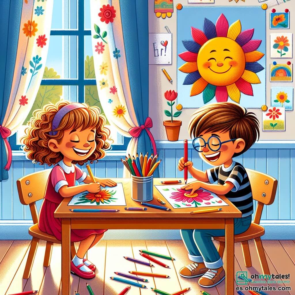 Lía, una niña de 8 años con cabello rizado y una sonrisa radiante, está sentada en una mesa de madera, concentrada en su dibujo de una hermosa flor roja. A su lado, Leo, un niño de 9 años con cabello corto y gafas, dibuja un gran sol amarillo, su rostro brilla de orgullo. Están rodeados de lápices de colores esparcidos sobre la mesa, creando un ambiente alegre y creativo. La escena tiene lugar en un aula luminosa, con paredes pintadas de azul claro y carteles coloridos que representan dibujos de niños. Las ventanas dejan entrar la luz del sol, iluminando las sonrisas de los niños y las obras de arte colgadas en la pizarra. Lía y Leo trabajan juntos en sus dibujos para el concurso de dibujo de la escuela, intercambiando ideas y riendo, ilustrando así la importancia de la amistad y la colaboración en un entorno escolar alegre.
