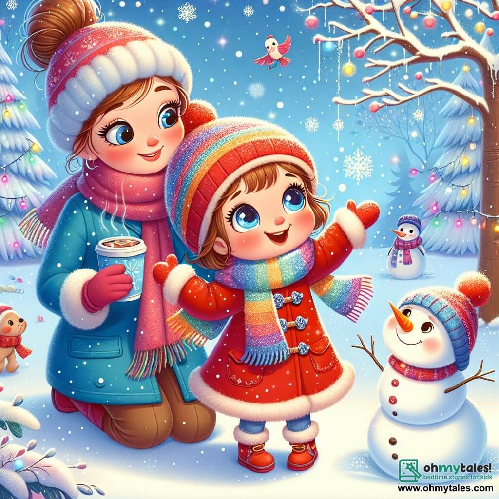 A 4-year-old girl with big bright eyes and rosy cheeks is wearing a bright red coat and a rainbow scarf. She smiles in wonder, raising her arms as if to catch the softly falling snowflakes around her. Next to her, her mother, a woman in her thirties with brown hair in a bun, wears a blue coat and a wool hat. She looks at her daughter tenderly while holding a cup of hot chocolate in one hand. The scene is set in a magical winter forest, where trees are covered in a thick layer of sparkling snow, and the ground is carpeted with white flakes. The sky is light blue with fluffy clouds, and a few colorful birds fly among the branches. The main situation shows the girl and her mother playing in the snow, surrounded by falling flakes, while a smiling snowman stands nearby with a carrot for a nose and coal eyes.