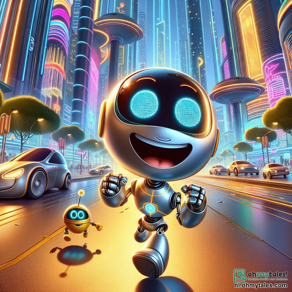Zippy, een klein robot met grote ronde ogen en een ronde lichaam, straalt blijdschap uit terwijl hij van blijdschap springt midden op een futuristische straat. Zijn metaal schittert in het gouden zonlicht en hij heeft een stralende glimlach die zijn enthousiasme voor avontuur toont. Naast hem staat Blinky, een andere robot met een heldere bliksem op zijn hoofd en een iets groter lichaam, die vriendelijk glimlacht. Hij steekt een arm op om Zippy de richting te wijzen, terwijl zijn ogen van opwinding knipperen. De achtergrond is een futuristische stad met hoge, glanzende gebouwen, versierd met kleurrijke neonlichten en dansende hologrammen. Hoverwagens zweven boven hen en luminescente bomen omzomen de straat, wat een magische en dynamische sfeer creëert. De scène toont Zippy en Blinky die samen deze fascinerende stad ontdekken, vol levendige kleuren en verbazingwekkende technologieën, klaar om nieuwe avonturen te beleven.