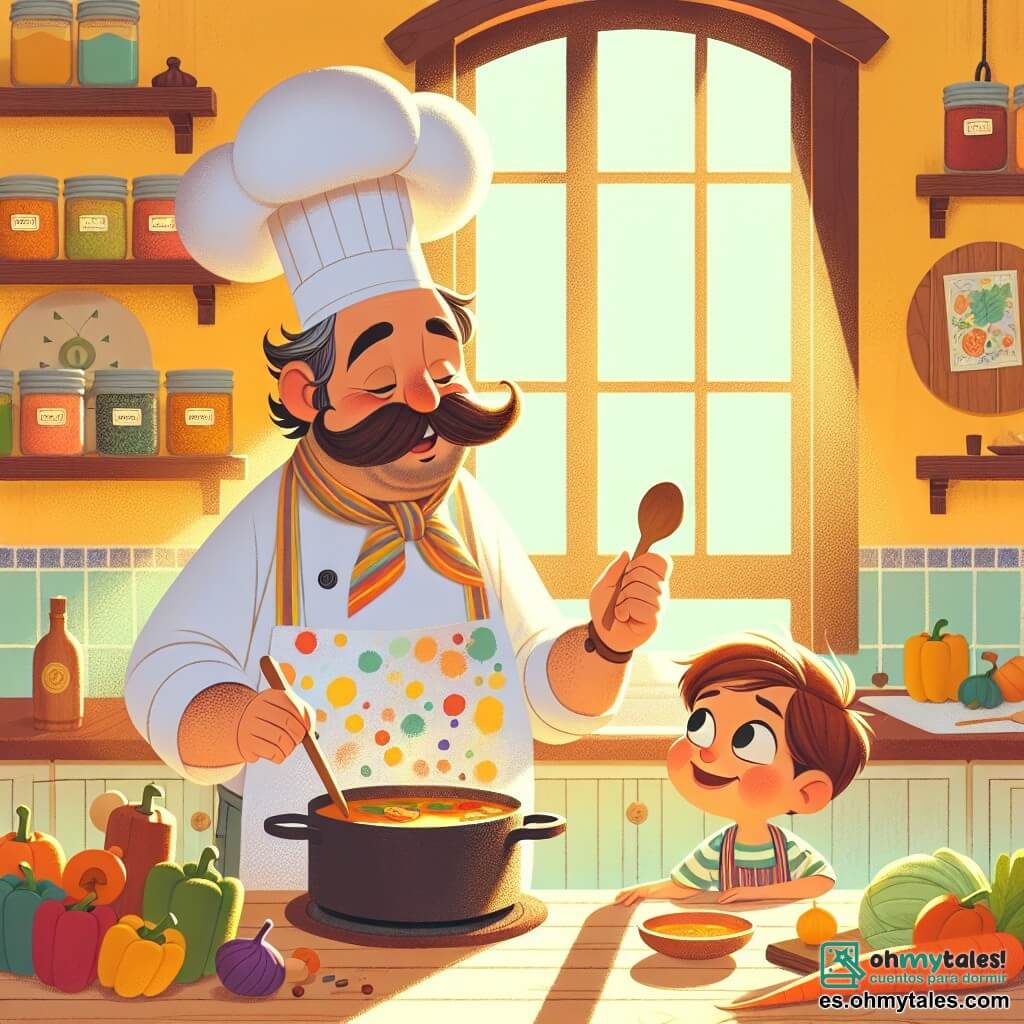El personaje principal, Don Tomás, es un hombre alegre de unos cincuenta años, con un gran bigote marrón y ojos brillantes de felicidad. Lleva un gran delantal blanco manchado de colores vivos y un sombrero de chef que parece una nube. Está removiendo una gran olla de sopa, con una sonrisa radiante en su rostro, mostrando su pasión por la cocina. A su lado, Pablo, un niño de ocho años con cabello castaño y ojos curiosos, observa con asombro. Lleva un pequeño delantal colorido y sostiene una cuchara de madera, listo para ayudar a Don Tomás. La escena tiene lugar en una cocina cálida y acogedora, con paredes pintadas de amarillo pastel, estanterías llenas de frascos de especias coloridos y verduras frescas dispuestas sobre una gran encimera de madera. La luz del sol entra por una ventana, iluminando la habitación con un suave resplandor. La situación principal muestra a Don Tomás y Pablo preparando juntos una sopa de verduras, llenos de entusiasmo y complicidad, mientras burbujas salen de la olla, creando un ambiente alegre y mágico.