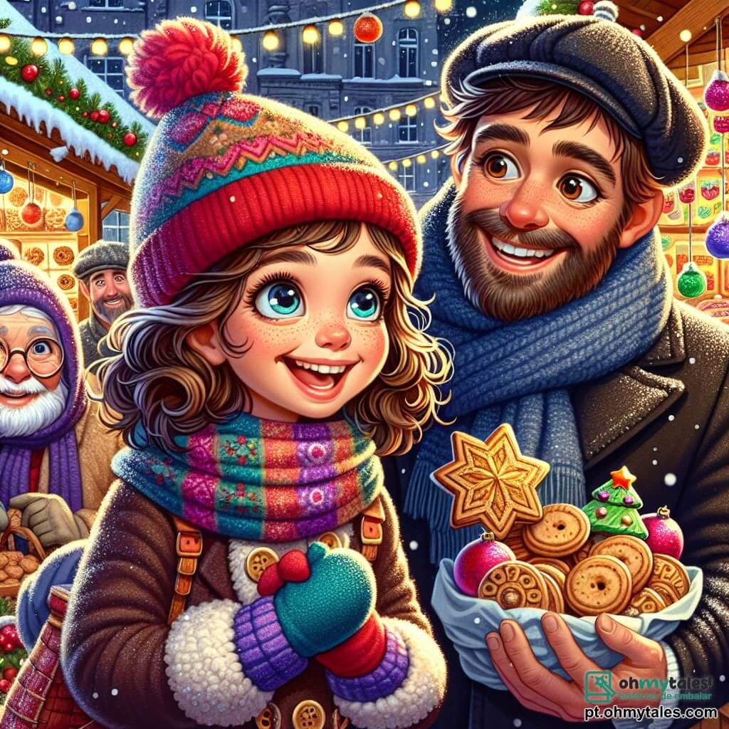 Uma menina de 8 anos, chamada Maria, está no centro da cena, com grandes olhos brilhantes e um sorriso radiante. Ela tem cabelos cacheados castanhos, usa um gorro vermelho e um cachecol de lã colorido. Maria segura um pacote de biscoitos de Natal nas mãos, olhando ao redor com uma expressão de admiração e alegria. Ao lado dela está seu pai, um homem na casa dos trinta, com barba castanha e um sorriso acolhedor. Ele usa um casaco preto e um cachecol azul, olhando para Maria com orgulho, segurando uma estrela dourada que ela escolheu no mercado. Ao fundo, uma mulher idosa com óculos redondos e um chale de tricô vende enfeites de Natal coloridos, sorrindo para as crianças que passam. O local é um mercado de Natal animado, iluminado por luzes cintilantes e decorado com árvores adornadas com bolas brilhantes. Barracas de madeira oferecem guloseimas, brinquedos e decorações, enquanto flocos de neve caem suavemente do céu. A cena principal mostra Maria e seu pai reunidos após uma pequena aventura, cercados pela alegria efervescente do mercado, ilustrando o espírito do Natal, cheio de amor e compartilhamento.