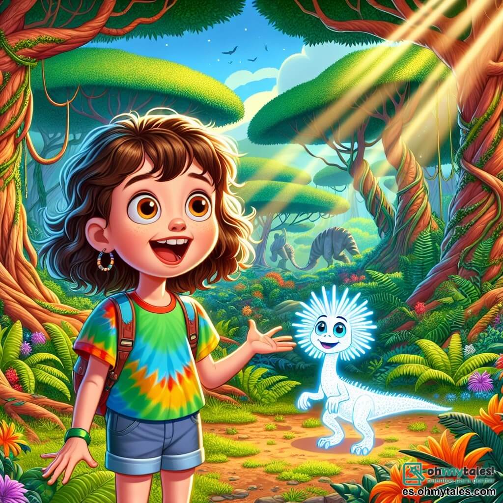 Una niña de 12 años, Sara, con cabello castaño y rizado, grandes ojos llenos de curiosidad, se encuentra en medio de un bosque prehistórico. Lleva una camiseta colorida y un short, y su rostro expresa alegría y asombro. A su lado, un pequeño ser luminoso llamado Kronos, con piel plateada y ojos brillantes, flota ligeramente sobre el suelo, sonriendo y gesticulando para mostrar las maravillas de este mundo antiguo. El bosque es denso y vibrante, con árboles gigantes de troncos retorcidos y hojas de un verde intenso. Helechos exuberantes y flores de colores vivos crecen a su alrededor, mientras que a lo lejos, un enorme dinosaurio herbívoro pasta tranquilamente, añadiendo un toque de magia a la escena. Sara y Kronos observan criaturas prehistóricas que evolucionan libremente, mientras rayos de sol atraviesan el follaje, iluminando su increíble aventura.