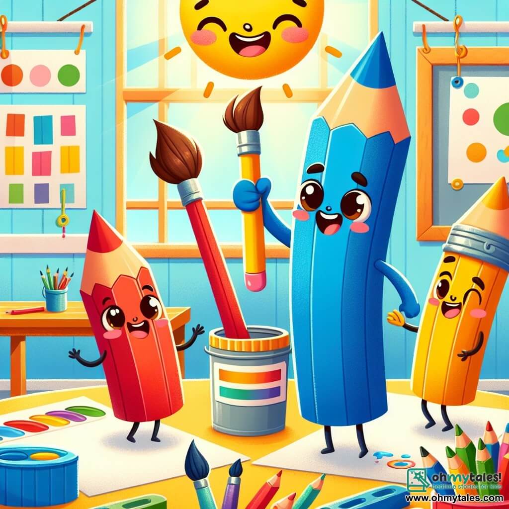 An illustration depicts a cheerful blue crayon with a bright smile and sparkling eyes, standing on a colorful art table. This crayon has a slender shape and an eraser shaped like a hat, appearing determined to help its friends. Next to it is a red crayon girl with rosy cheeks and bright eyes, smiling and reaching out to pass a paint pot. She is full of energy and shows a spirit of cooperation. A tall, slim yellow crayon boy leans forward with an enthusiastic expression, ready to grab another art tool, displaying camaraderie and encouragement. The main setting is a bright classroom filled with vivid colors, decorated walls with children's drawings, wooden tables covered with art supplies, and large windows letting in sunlight. The main scene shows the blue crayon trying to reach a paint pot on a high shelf, while its friends encourage and help it overcome this challenge, illustrating the spirit of collaboration and friendship. Other graphic elements include brushes, various colored crayons scattered on the table, and a large bulletin board where children display their artwork, creating a joyful and inspiring atmosphere.