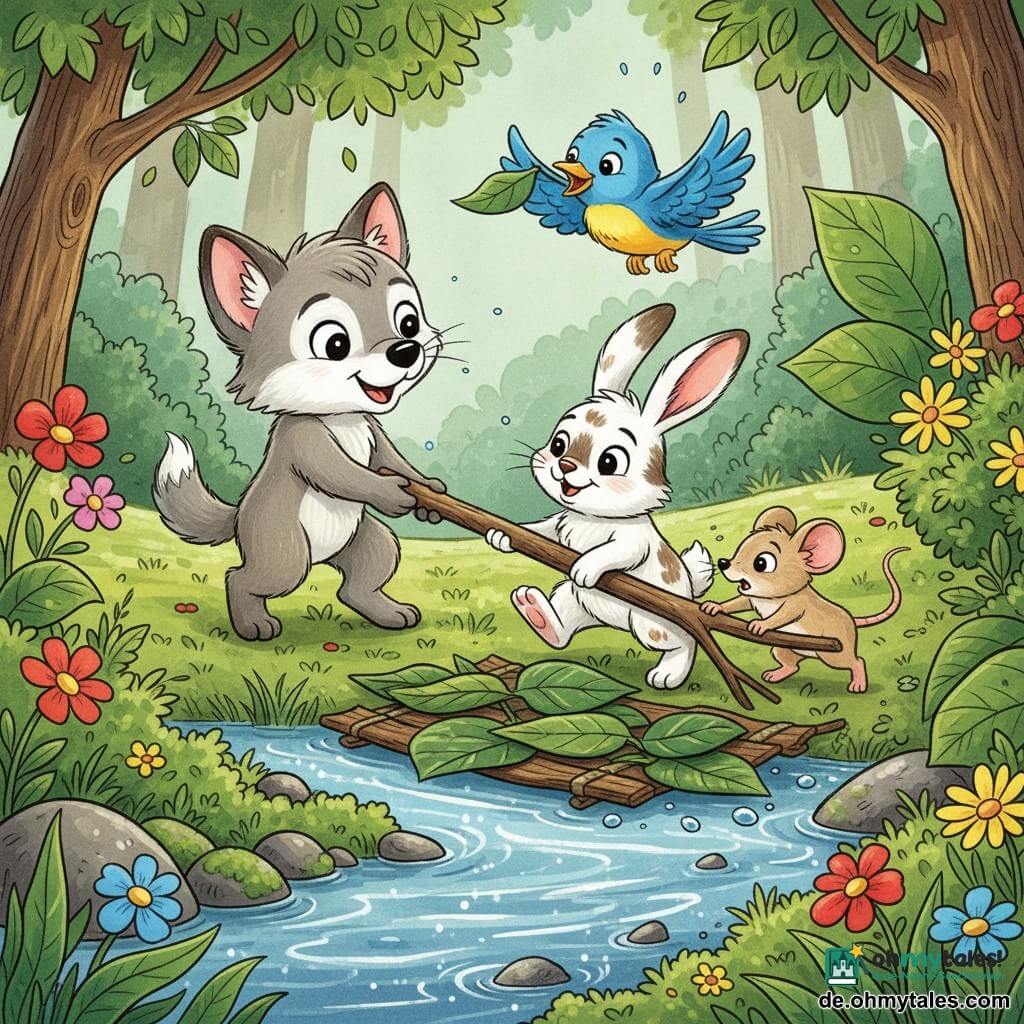 Die Hauptfigur ist ein hellgrauer kleiner Wolf mit weichem Fell und runden glänzenden Augen, fröhlich und konzentriert, der mit Pfote und kleinem Schwanz einen zu ihm gefallenen langen Zweig zu sich zieht; eine beige, zierliche Maus mit großen Ohren, besorgt aber mutig, schiebt den Zweig mit den Vorderpfoten am Rand eines Busches; ein leuchtend blauer Vogel mit gelbem Bauch, singend und zufrieden, hält ein Blattstück im Schnabel und fliegt über der Szene; ein weiß-braun gefleckter Hase mit langen Ohren lächelt und hilft, indem er den Zweig mit den Hinterpfoten neben dem Wolf schiebt; Schauplatz ist ein schmaler Bach in einer Waldlichtung mit funkelndem Wasser, runden Kieseln, dickem grünen Moos, großen Blättern und bunten Wildblumen; die Szene zeigt die kleinen Abenteurer, wie sie den Zweig in ein Blätterschiff verwandeln und behutsam auf das Wasser setzen, eine einfache, spielerische und bewegte Handlung.