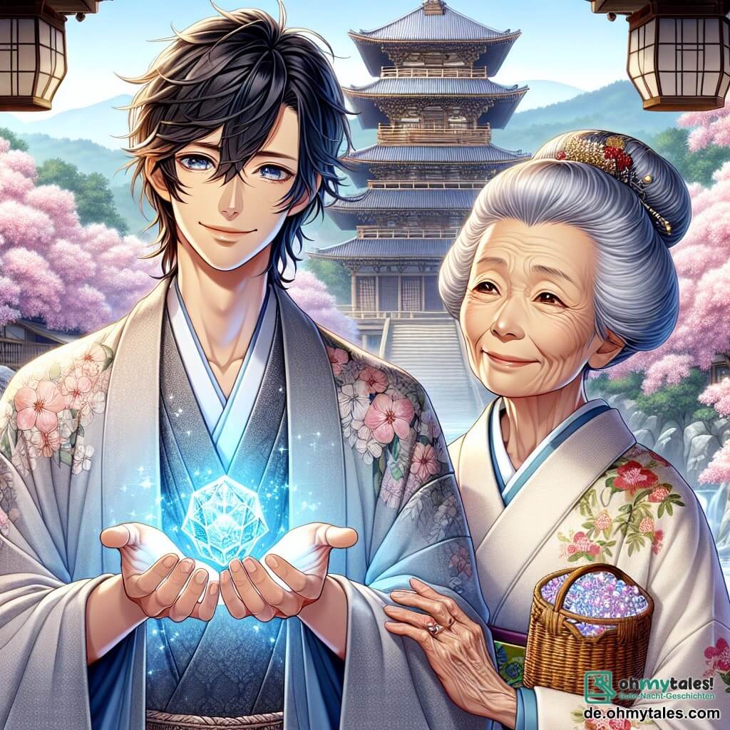 Haruto, ein Mann in seinen Dreißigern, hat ein sanftes, lächelndes Gesicht, mit leicht gewellten schwarzen Haaren und neugierigen, funkelnden Augen. Er trägt einen traditionellen Kimono aus leichtem Stoff, verziert mit floralen Mustern, und steht vor einem alten Tempel, die Hände zu einem geheimnisvollen blauen Kristall ausstreckend, der in seiner Handfläche leuchtet, sein Gesichtsausdruck vereint Staunen und Zögern. Neben ihm steht eine alte Frau, etwa 70 Jahre alt, mit einem weisen Lächeln. Sie hat graue Haare im Dutt und trägt einen schlichten, aber eleganten Kimono mit Kirschblütenmustern. Sie schaut Haruto wohlwollend an und hält einen kleinen Korb aus Weide, gefüllt mit funkelnden Kristallen. Die Szenerie besteht aus einem traditionellen japanischen Tempel mit Pagodendächern und Ste lanternen, umgeben von majestätischen Kirschbäumen, deren Blütenblätter sanft zu Boden fallen und einen rosafarbenen Teppich bilden. Der Himmel ist hellblau, mit leichten Wolken, die der Szene eine friedliche Note verleihen. Die Hauptsituation zeigt Haruto, der fasziniert die Kraft des blauen Kristalls entdeckt, während die alte Frau ihm alte Weisheit vermittelt und den magischen Moment betont, in dem er zwischen dem Wunsch nach Reichtum und dem Wert menschlicher Beziehungen wählen muss.