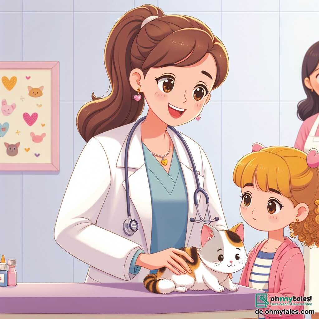 Dr. Lisa ist eine lächelnde Frau in ihren Dreißigern mit braunen Haaren, die zu einem Pferdeschwanz gebunden sind. Sie trägt einen weißen Kittel mit bunten Tiermotiven und ein Stethoskop um den Hals. Mit einem warmen und beruhigenden Blick untersucht sie aufmerksam eine verletzte kleine Katze auf dem Untersuchungstisch. Sophie, ein siebenjähriges Mädchen mit lockigen blonden Haaren, steht neben Dr. Lisa. Sie hat besorgte, aber auch hoffnungsvolle Augen und streichelt sanft Miezi, ihre Katze, die sich an sie kuschelt. Anna, eine freundliche Krankenschwester in ihren Zwanzigern, steht in der Nähe der Tür, bereit zu helfen. Sie hat braune Haare und trägt einen rosa Kittel mit Herzmotiven. Sie lächelt und beobachtet die Szene wohlwollend. Die Szene spielt in einem hellen Untersuchungsraum mit pastellgelben Wänden, geschmückt mit Tierzeichnungen und Bildungsplakaten. Natürliches Licht strömt durch ein großes Fenster und schafft eine warme und einladende Atmosphäre. Dr. Lisa behandelt Miezi, während Sophie voller Hoffnung auf Neuigkeiten wartet und Anna bereit ist zu helfen, was eine Atmosphäre der Zusammenarbeit und Fürsorge schafft.