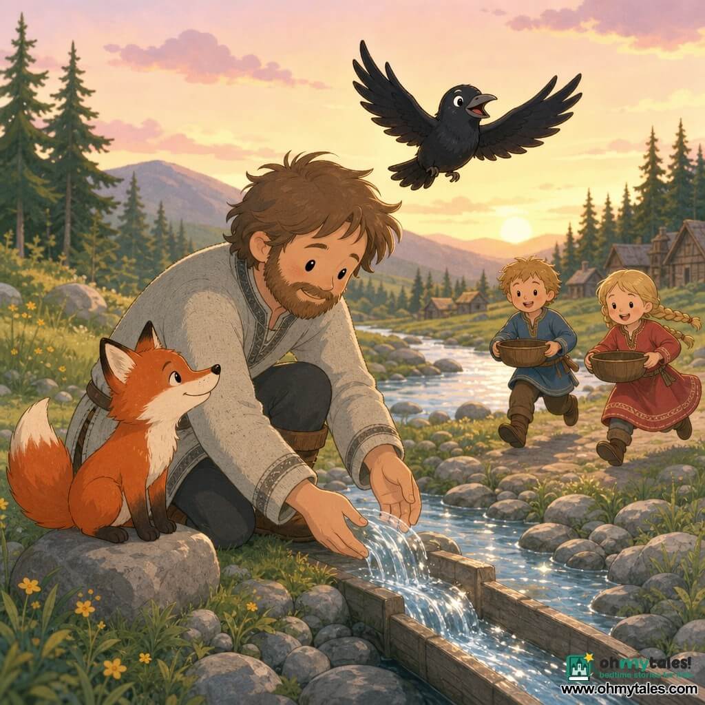 Eirik, an adult with tousled brown hair and a short beard, wearing a light gray wool coat and leather boots, kneels by a stream guiding the water with his hands; a glossy black raven with mischievous round eyes flies above him with wings outspread; a small lively red fox with a pointed muzzle sits on a rock to his left, appearing to smile; two village children (about 8), in colorful tunics, run in the background toward the water with wooden bowls; the riverbank between firs and low hills features wet smooth stones, green grass dotted with yellow flowers and a pastel sunset sky; the clear stream finally flows into a small dug channel, glittering in the last sunbeams as the characters silently celebrate in a warm, hopeful atmosphere.
