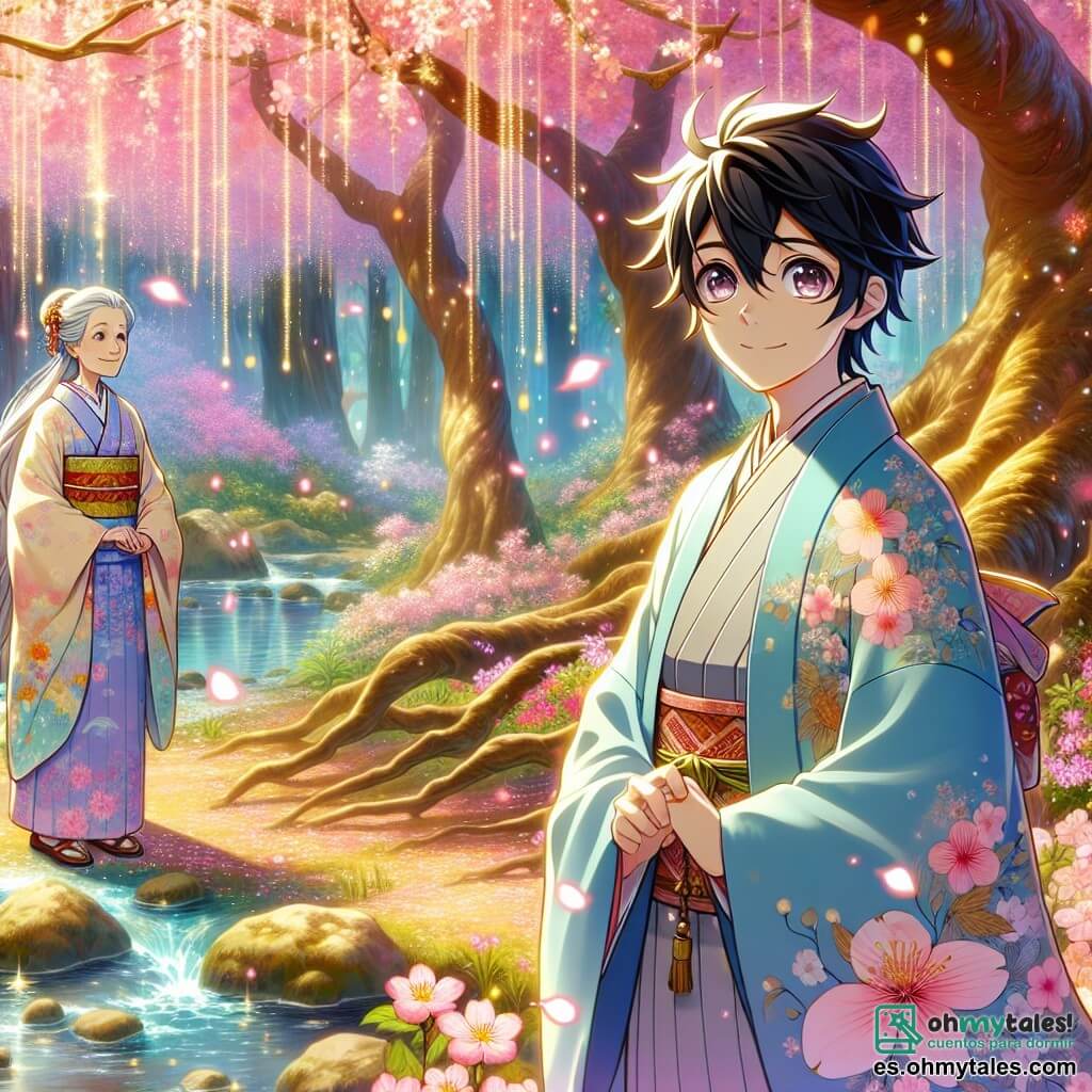Kaito, un joven de unos 15 años, con cabello negro y liso, lleva un kimono azul claro adornado con motivos de cerezos en flor. Su rostro expresa una curiosidad maravillada, con ojos brillantes y una amplia sonrisa, mientras se encuentra frente a un majestuoso árbol de sakura, cuyas ramas están cargadas de flores rosas. A su lado, Hana, una mujer de unos 70 años, con cabello plateado y un rostro dulce, lleva un kimono tradicional en colores pastel. Ella está cerca del arroyo, con las manos juntas, observando a Kaito con benevolencia y sabiduría. El lugar es un claro encantado, rodeado de grandes árboles verdes, donde el sol filtra a través de las hojas, creando destellos de luz dorada sobre el suelo cubierto de pétalos de flores. Un arroyo brillante serpentea a través del paisaje, añadiendo un toque de magia a la escena. La situación principal muestra a Kaito escuchando atentamente las historias que le cuenta Hana, mientras el suave murmullo del arroyo acompaña sus intercambios. La atmósfera es pacífica y llena de misterio, invitando al descubrimiento y al aprendizaje.