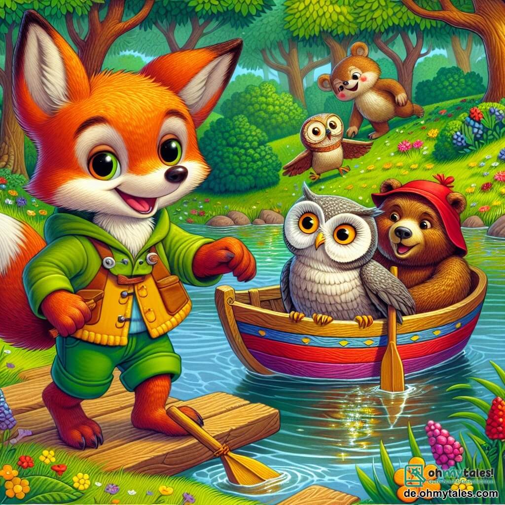 Ein kleiner roter Fuchs namens Felix, mit einem breiten Lächeln und funkelnden Augen, steht am Ufer eines glitzernden Sees, bereit, in ein Boot aus bunten Holzplanken zu steigen. An seiner Seite schaut eine Eule namens Ella, mit großen runden Augen und weichen Federn, neugierig zu Felix, während sie einen kleinen eingerollten Plan in ihren Krallen hält. Ein brauner Bär namens Bruno, mit einem jovialen Gesichtsausdruck und einem runden Bauch, sitzt im Boot und lacht herzlich, nachdem er ins Wasser gefallen ist, während sein Fell nass tropft. Die Szene spielt sich am Ufer eines von üppigem Grün umgebenen Sees ab, mit bunten Blumen und majestätischen Bäumen, die sich im Wasser spiegeln. Die Freunde sind bereit, zu einem Abenteuer aufzubrechen, voller Enthusiasmus und Freude, bereit, das geheimnisvolle Labyrinth zu erkunden, das sie auf der anderen Seite des Sees erwartet.