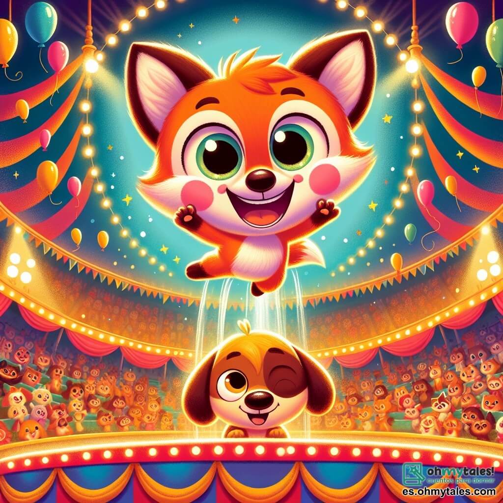 Un pequeño zorro llamado Félix, con un pelaje naranja brillante y ojos chispeantes de alegría, salta a través de un gran aro colorido en el centro de la pista del circo, mostrando una amplia sonrisa de emoción. A su lado, un perro acróbata llamado Lucho, con pelaje marrón y orejas caídas, mira a Félix con admiración, sus ojos brillando de orgullo, mientras se prepara para saltar al mismo tiempo. El circo está decorado con luces brillantes y banderines coloridos, con un público entusiasta aplaudiendo y riendo en el fondo, mientras globos flotan en el aire y confeti cae suavemente. La escena muestra a Félix y Lucho en pleno salto, capturando el instante mágico en que se lanzan juntos al aire, creando una atmósfera de alegría y amistad en el corazón del circo.