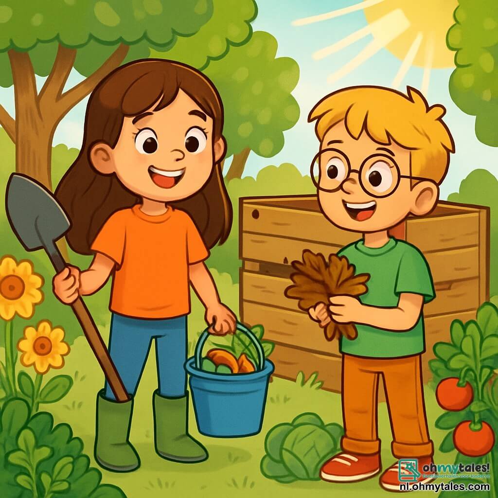 Een 10-jarig meisje, Sofia, met lange bruine haren en nieuwsgierige sprankelende ogen, glimlacht vrolijk terwijl ze een schep en een emmer vasthoudt, klaar om compost te maken. Naast haar kijkt haar vriend Max, een 10-jarig jongetje met blond haar en ronde bril, enthousiast toe terwijl hij een handvol dode bladeren vasthoudt. Ze staan in de tuin van de boerderij, omringd door kleurrijke bloemen en groene groenten, met een grote houten compostbak op de achtergrond. De zonneschijn valt door de bomen en creëert een warme en vrolijke sfeer. Sofia en Max verzamelen keukenafval en bladeren om compost te maken, wat hun inzet voor het beschermen van de planeet laat zien terwijl ze samen plezier hebben.