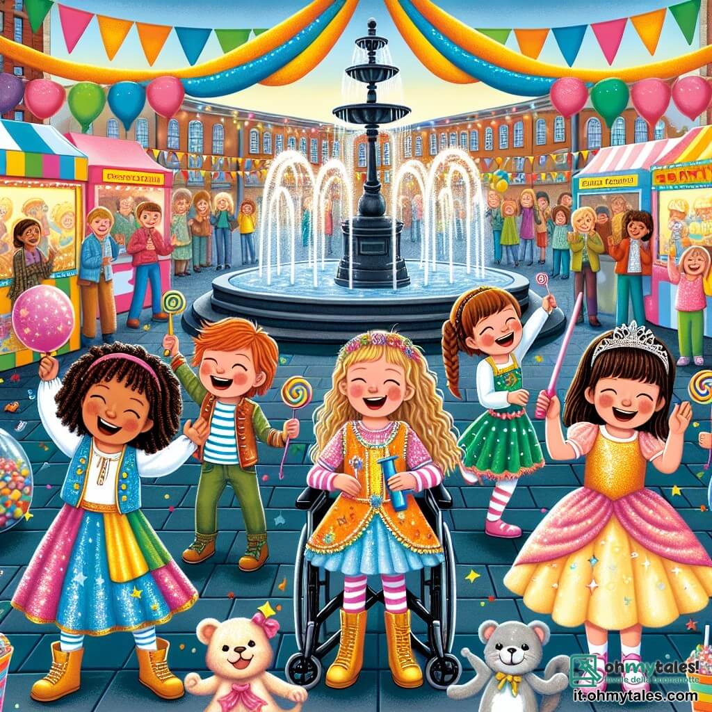 Quattro amiche di nove anni si trovano al centro di una piazza animata. Sofia, con i capelli ricci e un grande sorriso, indossa un costume da pirata colorato e brandisce una spada di plastica. A destra c'è Giulia, bionda e liscia, vestita da fata con ali scintillanti, che ride felicemente. A sinistra, Martina, con capelli castani e un bel vestito rosa, si trova sulla sua sedia a rotelle decorata con fiori, applaudendo con entusiasmo. Infine, Alessia, con i capelli rossi intrecciati, indossa un costume da clown e gioca con palline colorate. La scena è in una piazza centrale vibrante, adornata di festoni multicolori e palloncini, con artisti di strada sullo sfondo e bambini che danzano e ridono intorno a una grande fontana. Le quattro amiche stanno per salire sul palco per un concorso di talenti, pronte a cantare e ballare insieme davanti a un pubblico entusiasta.