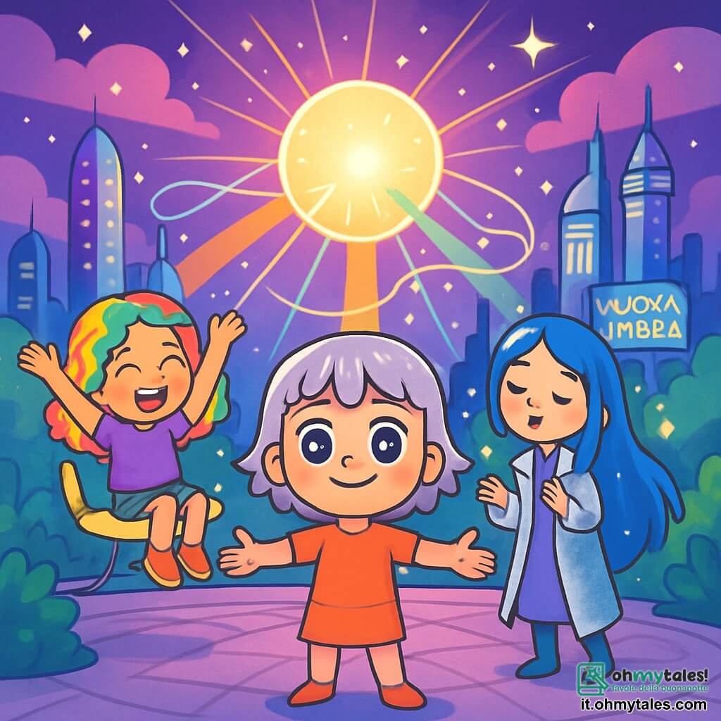 Ci sono 3 personaggi: Mira, una ragazza di 10 anni con occhi brillanti come stelle e capelli corti di metallo argentato, al centro con le braccia aperte e un sorriso determinato; Lila, una ragazza di 9 anni, gioiosa, con capelli ricci e colorati arcobaleno, seduta sulla sua sedia volante, fluttuando leggermente sopra il suolo con le braccia alzate in segno di gioia; Sora, una ragazza di 11 anni con lunghi capelli blu e un mantello argentato scintillante, a destra di Mira, che canta dolcemente circondata da piccole luci magiche che danzano attorno a lei. Il luogo è una grande piazza della città di Nuova Ombra, circondata da torri futuristiche scintillanti e da un magnifico boschetto incantato, con un cielo pieno di nuvole viola e stelle brillanti, mentre una grande sfera luminosa fluttua al centro della piazza, emettendo raggi di luce colorata che illuminano tutto intorno. La situazione principale mostra le tre amiche unite, pronte a risolvere un conflitto tra robot e maghe, con lampi di luce magica e fili di metallo che si incrociano, simboleggiando l'armonia tra tecnologia e magia.