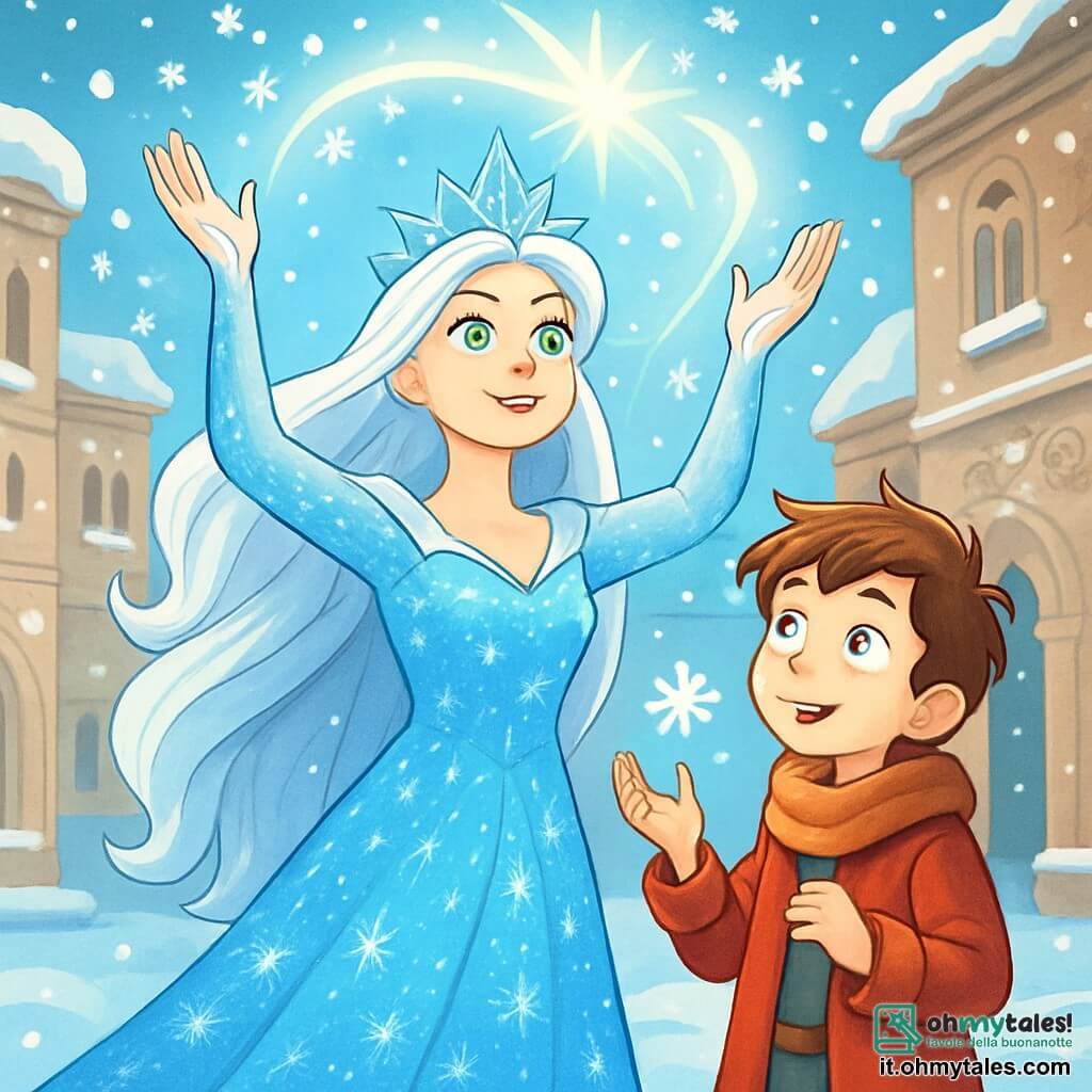 La regina delle nevi, una donna maestosa di bellezza eterea, indossa un abito scintillante di cristalli di ghiaccio che riflettono la luce del sole. I suoi lunghi capelli argentati fluttuano dolcemente nel vento e i suoi occhi blu ghiaccio brillano di una determinazione dolce ma intensa. Si trova al centro della scena, alzando le mani verso il cielo, come per placare una tempesta di neve. Accanto a lei, Kai, un ragazzo di circa 12 anni, con i capelli castani disordinati e occhi pieni di curiosità, guarda la regina con ammirazione. Indossa un cappotto di lana rossa, in contrasto con il paesaggio innevato, e tiene un piccolo fiocco di neve nella mano, affascinato dalla sua bellezza. Loro sono in una piazza antica, circondata da edifici in pietra decorati con sculture delicate, coperti da un sottile strato di neve. Fiocchi di neve cadono dolcemente intorno a loro, creando un'atmosfera magica e pacifica. La scena principale mostra la regina delle nevi e Kai uniti in un momento di magia, mentre insieme evocano una luce splendente per placare la tempesta che minaccia la città. I riflessi di luce danzano intorno a loro, illuminando i loro volti con un bagliore caldo e pieno di speranza.