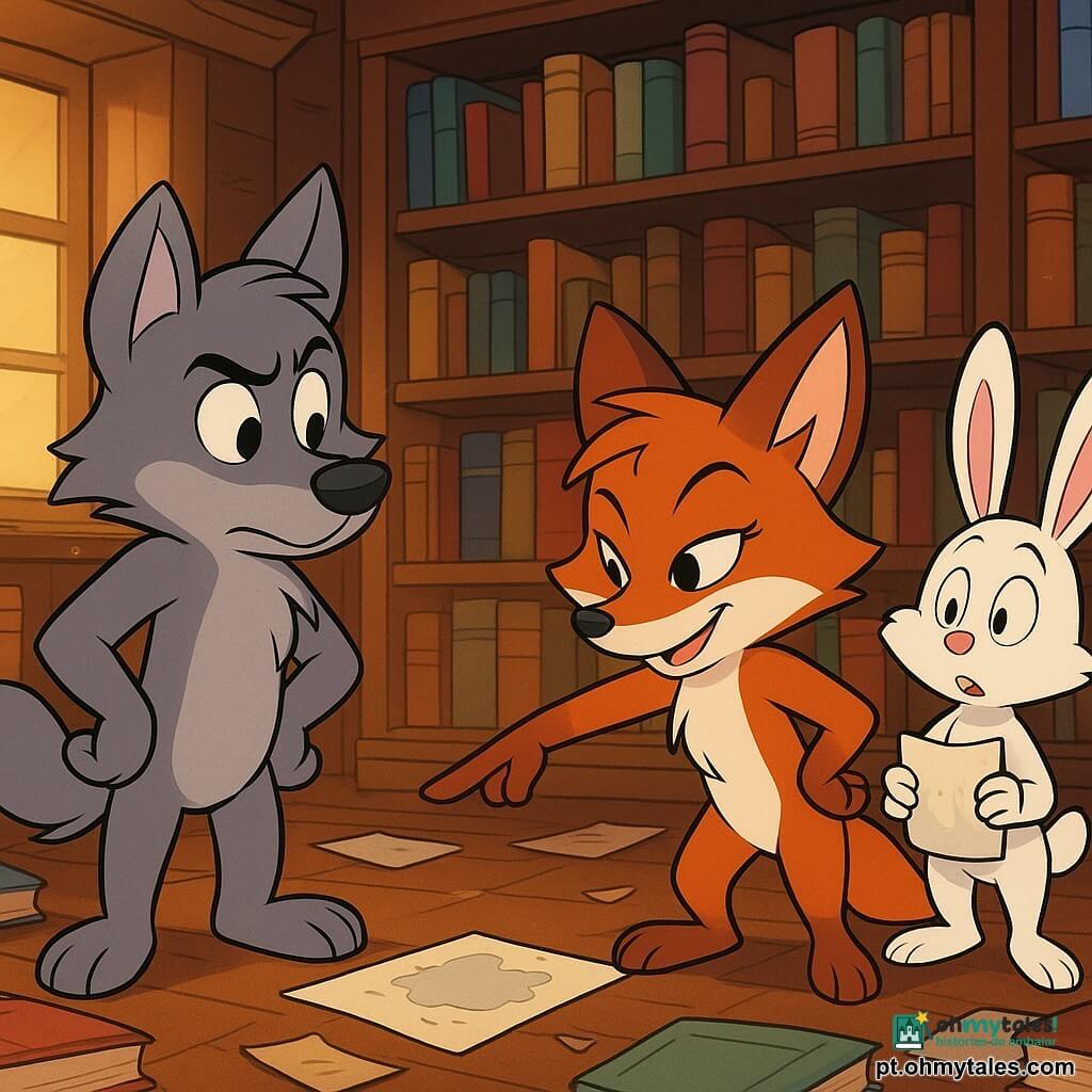 Um jovem lobo chamado Lobinho, com uma pelagem cinza suave e olhos curiosos, está diante de uma grande estante de biblioteca, com um ar pensativo e determinado. Ao seu lado, uma raposa chamada Clara, com pelagem ruiva brilhante e olhos travessos, aponta para uma pista no chão, com um sorriso de canto no rosto. Um coelho branco, Tito, com longas orelhas em pé e um olhar surpreso, segura um pedaço de papel úmido, ficando ligeiramente para trás. Ao fundo, uma antiga biblioteca de madeira, cheia de livros coloridos, com uma luz suave filtrando pelas janelas, criando uma atmosfera acolhedora e misteriosa. A situação principal mostra os três amigos detetives descobrindo uma pista crucial para resolver o mistério, cercados por livros desarrumados e folhas de papel flutuando levemente no ar.