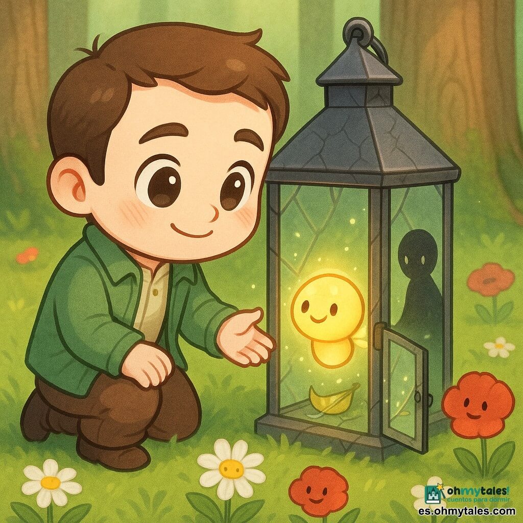 Mateo, hombre de rostro redondo y ojos grandes y brillantes, se arrodilla frente a una alta linterna de vidrio agrietada, con una mano extendida; dentro vuela Lumen, un pequeño espíritu en forma de luciérnaga redonda y sonriente que emite una luz dorada, mientras una sombra oscura y sin rasgos se retira en la entrada; alrededor, claro del Bosque del Recuerdo con hierba tierna, margaritas blancas y amapolas rojas que observan, troncos altos con anillos visibles y musgo suave; la linterna transparente brilla con rocío y su puerta parece abrirse por una tenue luz verde que surge de una hoja marchita convertida en polvo luminoso; ambiente feérico en tonos pastel saturados, iluminación cálida y suave con un halo alrededor de Lumen, estilo chibi kawaii, plano cercano centrado en Mateo y la linterna, profundidad de campo reducida para un aspecto claro y apto para un niño de 6 años.
