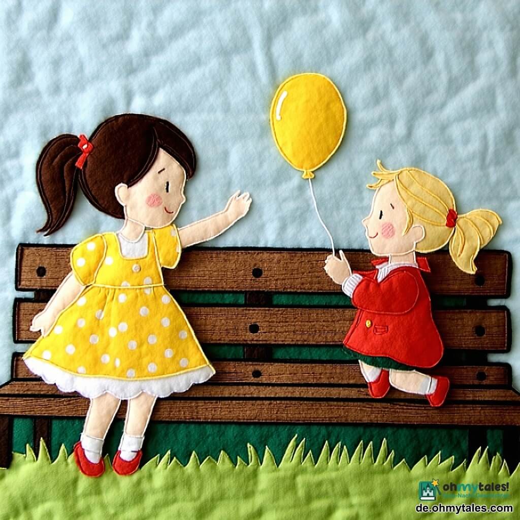 Ein fröhliches, staunendes Mädchen (ca. 4 Jahre) mit braunen Zöpfen in einem gelben Kleid mit weißen Punkten streckt die Hand zu einem kleinen gelben Ball auf einer alten Holzbank; ein jüngeres Mädchen (ca. 3 Jahre) mit kurzem Haar und rotem Mantel läuft lächelnd zur Bank, während eine ruhige, wohlwollende Frau (ca. 30 Jahre) mit hellbraunem Haar und grünem Pulli die Hand des älteren Mädchens hält; daneben liegt eine kleine, runde, glänzende rote Dose mit Knopf, die kleine gestickte Sterne und einen leichten Lichtschein ausstrahlt; Schauplatz ist ein pastellfarbener Garten mit grüner Filzrasenoptik, bestickten blauen und rosa Blumen und einem Stoffbaum; Hauptsituation: zärtliche Begegnung und Teilen rund um den wiedergefundenen Ball, warme, kontrastreiche Farben, deutliche textile Texturen (sichtbare Nähte, Filzkanten, aufgesetzte Applikationen) und eine klare, zentrierte Komposition für Kleinkinder.