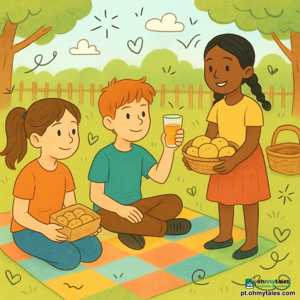 Marta, 10 anos, tímida mas sorridente, rosto redondo com poucas sardas, cabelo castanho preso em rabo de cavalo, olhos doces, segura uma caixa de biscoitos e olha os amigos com expressão curiosa; Samuel, ~10 anos, cabelos ruivos bagunçados, pele clara, olhar amável, sentado ao lado dela fazendo um brinde com copo de suco; menina brasileira ~10 anos, pele morena, cabelos pretos trançados, segurando um cesto de pão de queijo e oferecendo aos outros; Inês, professora na casa dos 30, cabelos curtos castanhos, sentada em uma manta sorrindo e distribuindo pulseirinhas coloridas; local: jardim da escola ensolarado com grama verde, sombras de árvores, mantas coloridas, cestos e cartazes na cerca; cena: piquenique acolhedor com crianças de origens diversas compartilhando comidas, rindo e trocando pulseiras de amizade; estilo: ilustração infantil plana e colorida, texturas de papel, traços suaves, paleta vibrante (amarelo, verde, coral) com doodles leves ao redor.