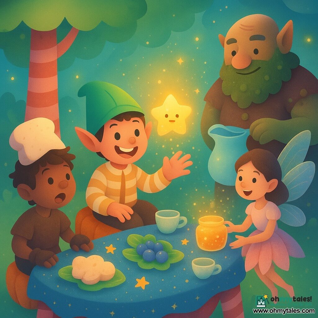 Pipwick, a recognizable elf (pointed ears, small, mint-green leaf hat) beams mischievously with twinkling eyes, wearing a cream-and-caramel striped jacket, seated on a hollowed pumpkin chair reaching toward a small glowing baby star that floats above the table and scatters stardust like tiny luminous confetti; Bramble the goblin (small boy, tousled hair, mismatched mittens) sits to Pipwick’s left, surprised and joyful, holding a slice of cloud bread used as a hat; Mira the fairy (slender girl, iridescent translucent wings, flower-petal dress) floats slightly above her chair to the right, laughing and holding a jar of sparkling jam; Old Mossbeard (tall bearded troll with moss and stitched buttons on his tunic) stands behind the table, smiling and pouring moonmilk into shell cups. The setting is a clearing beneath peppermint trees with red-and-white striped trunks, a starry tablecloth on a candy-wood table, leaf tableware, thimble cups, firefly garlands and a cloud of star particles; the scene is a surprise feast in which the little star thanks Pipwick by turning the food (cloud bread, moon berries, laughing jam) into sparkling versions, with soft lighting, warm pastel colors, fluffy shiny textures, and an overall mood of joy, wonder and camaraderie.