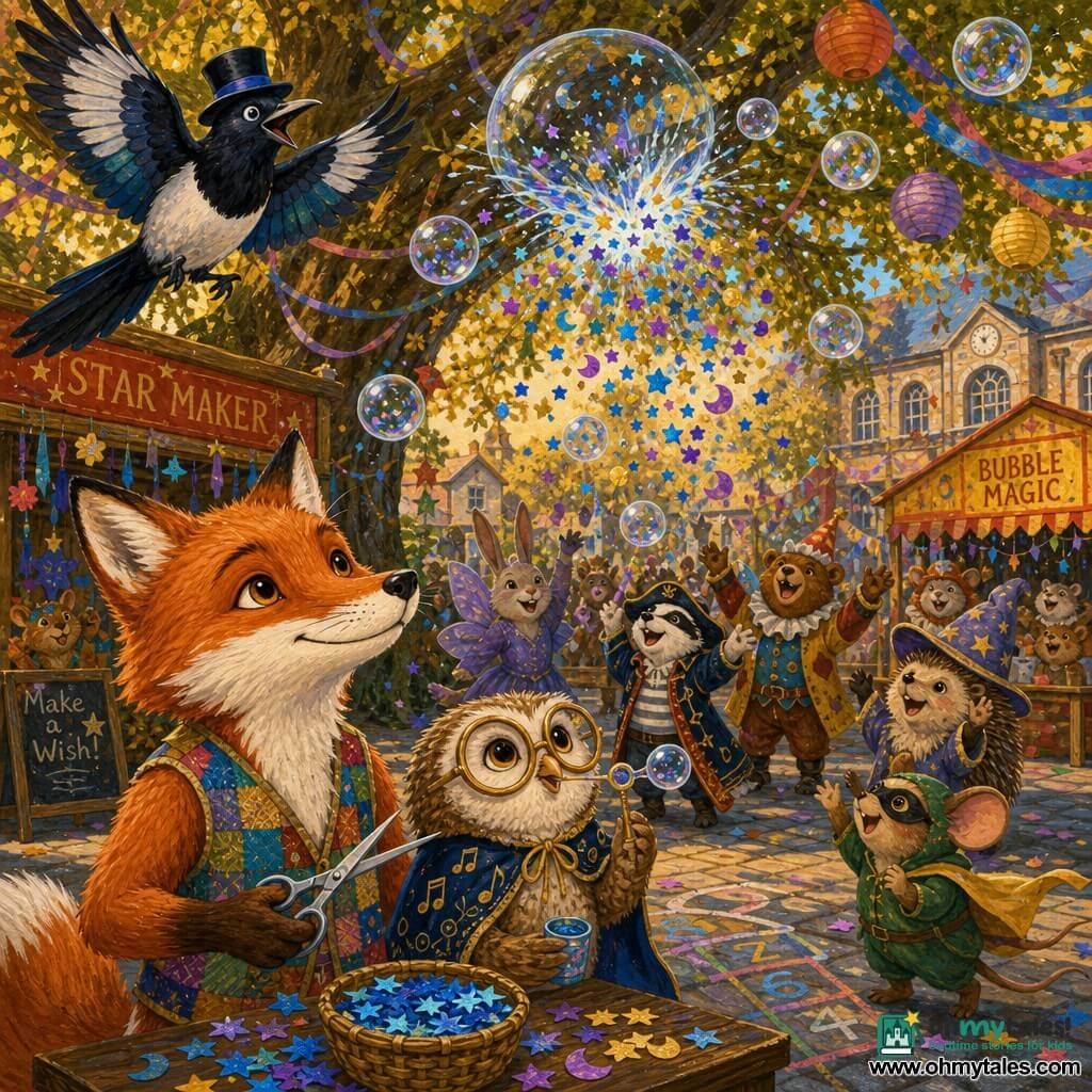 Calm, focused anthropomorphic fox with bright russet fur and white patches, wearing a small colorful patchwork vest, holding silver scissors and a basket of sparkly blue confetti, serenely smiling as it cuts paper stars at a small table in the foreground; a small round owl with oversized bronze-rimmed glasses and a music-embroidered cape, proud yet nervous, gently blowing bubbles with a wand beside the fox; a blue-iridescent feathered magpie in a black top hat, wings raised and beak open in wonder, flying above to the left; background a schoolyard turned carnival under a wide oak with multicolored ribbon garlands, hanging paper lanterns, red-and-yellow wooden stalls, cobbled ground with hopscotch, and a banner reading LET JOY TUMBLE OUT in warm golden late-afternoon light; translucent bubbles filled with tiny glowing confetti (blue stars, purple moons, golden circles) rise and softly pop over the crowd, showering sparkling paper as a central bubble bursts in a cascade while costumed animals applaud and laugh in the background.