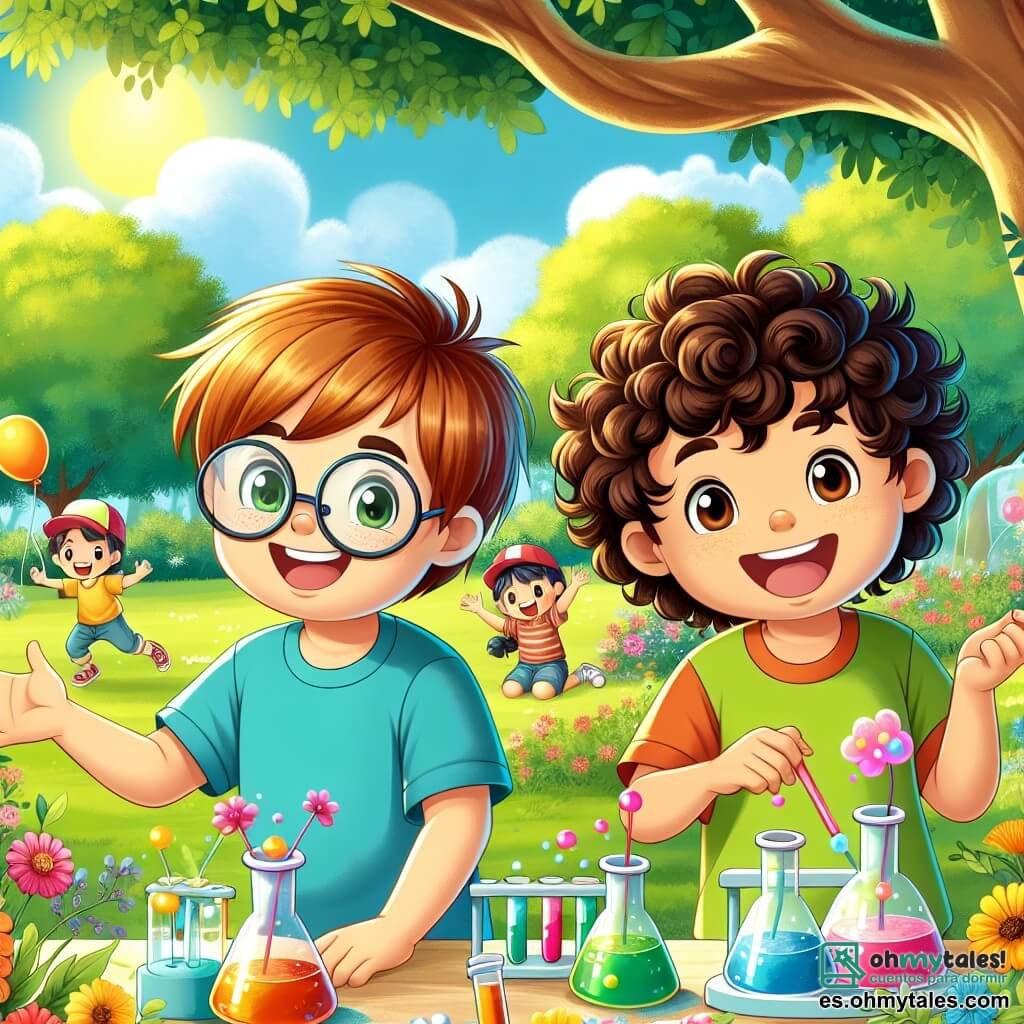 Un niño de 11 años, llamado Nicolás, con cabello castaño despeinado y grandes gafas redondas, expresa una alegría desbordante mientras se encuentra frente a una mesa llena de materiales coloridos para su experimento científico. Lleva una camiseta azul brillante y un pantalón corto verde, y tiene una sonrisa radiante en el rostro, con los ojos brillando de emoción. A su lado, su mejor amigo Mateo, también de 11 años, con cabello rizado y una gorra roja, ríe sosteniendo un globo inflado. Lleva una camiseta amarilla y jeans, y se inclina ligeramente hacia adelante, listo para participar en el experimento. Su entorno es un parque soleado, lleno de vegetación exuberante, flores brillantes y niños jugando al fondo. Un gran árbol se alza junto a ellos, con sus ramas extendidas ofreciendo sombra. La escena principal muestra a Nicolás y Mateo mezclando líquidos de colores en frascos, creando una explosión de burbujas y colores, mientras un grupo de niños los rodea, riendo y aplaudiendo, cautivados por su divertida experiencia científica.